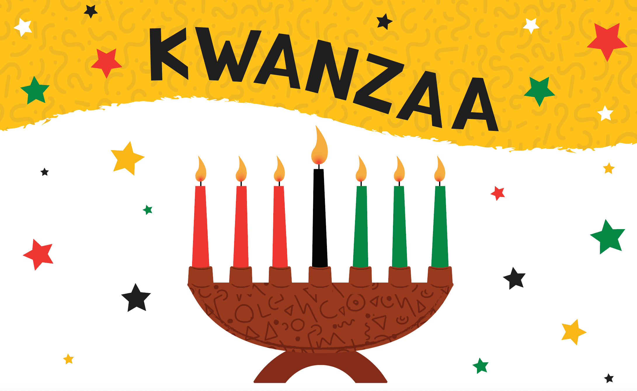 Hand-illustrated Kwanzaa Kinara with seven candles and traditional African harvest symbols