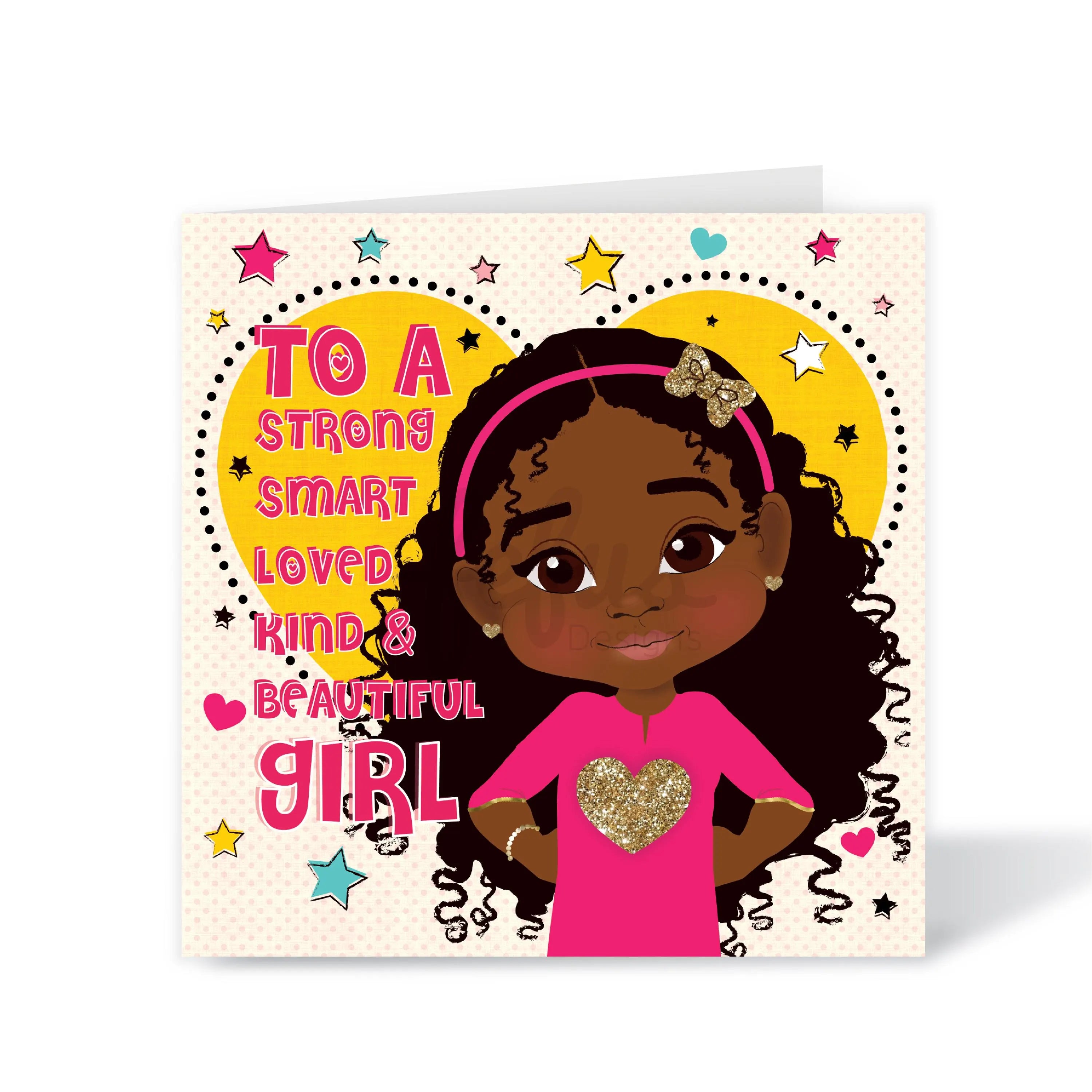 A vibrant birthday card featuring a young Afro-Latina girl with curly hair and a glittery headband. The girl is wearing a pink top with a gold heart, and the background is a large yellow heart with multi-coloured stars and hearts.