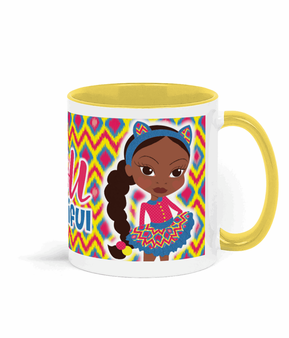 Additional view of the ceramic mug with Afronista character artwork, by Fefus Designs.