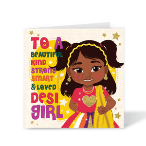 A magical square birthday card featuring a hand-drawn illustration of a joyful South Asian (Desi) girl surrounded by stars and sparkles, card reads To A Beautiful... Desi Girl" affirmation. part of the Heritage Hero Collection by Fefus Designs.