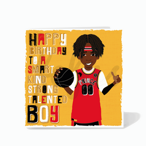 A birthday card featuring Kyrese a Black boy holding a basketball against a yellow background. He is wearing a red basketball uniform.