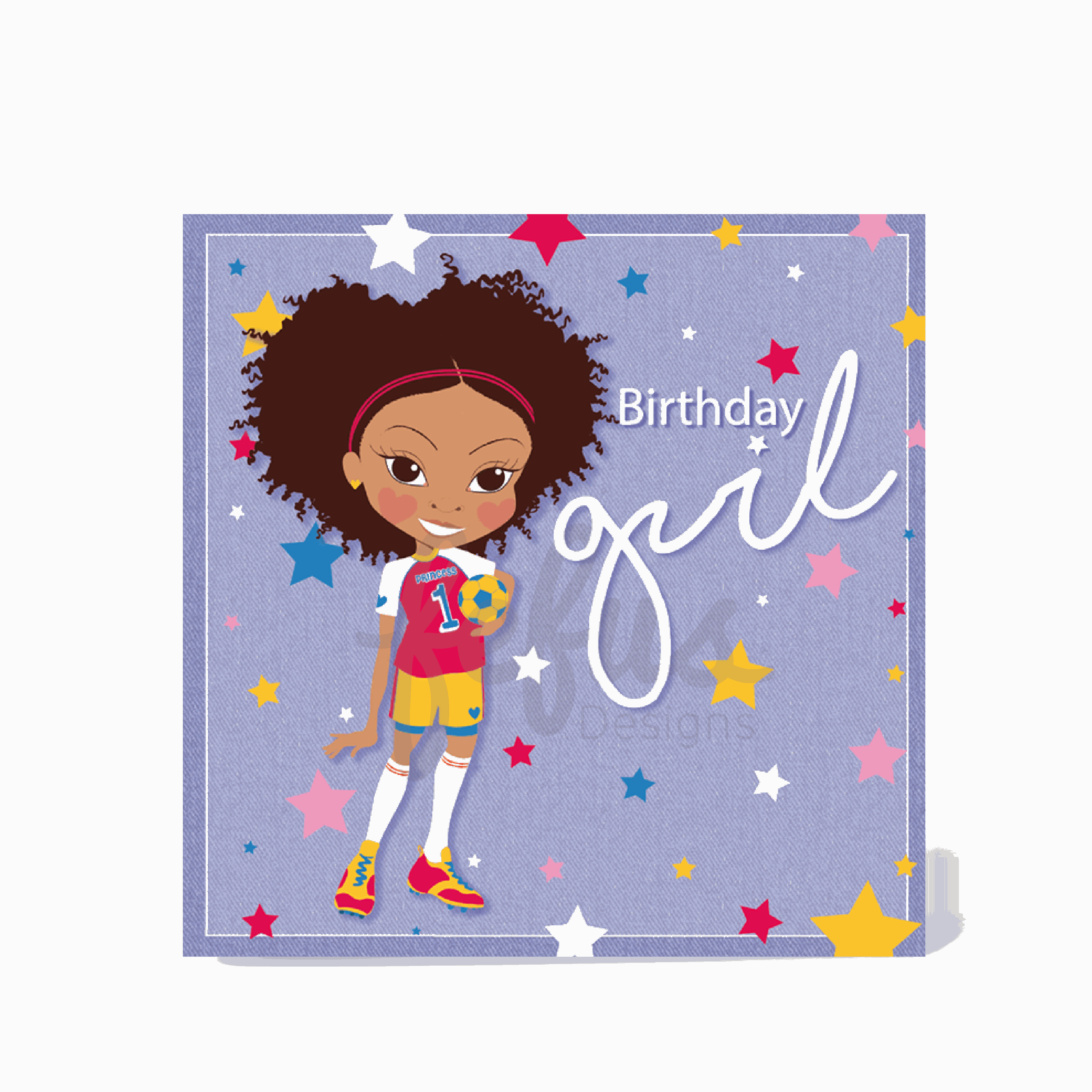 A birthday card featuring a mixed-race girl holding a football against a lilac background.