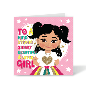 A magical square birthday card for girls featuring a hand-drawn illustration of a joyful South Asian girl surrounded by stars and sparkles, part of the Heritage Hero Collection by Fefus Designs.