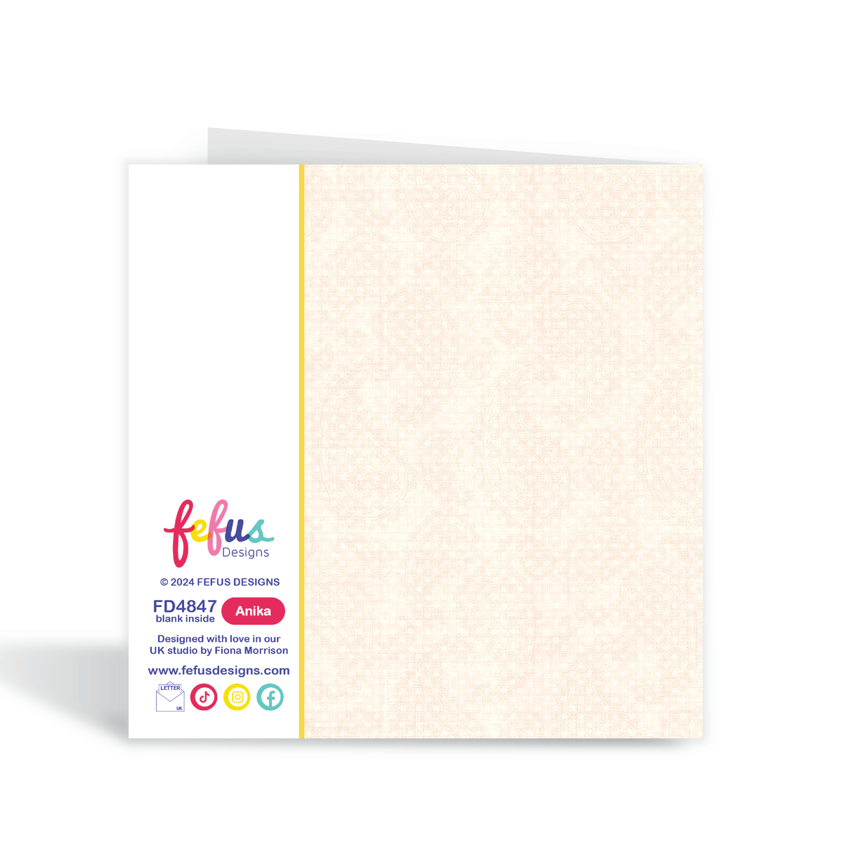 Back view of a magical square birthday card featuring a hand-drawn illustration of a joyful South Asian (Desi) girl surrounded by stars and sparkles, card reads To A Beautiful... Desi Girl" affirmation. part of the Heritage Hero Collection by Fefus Designs.
