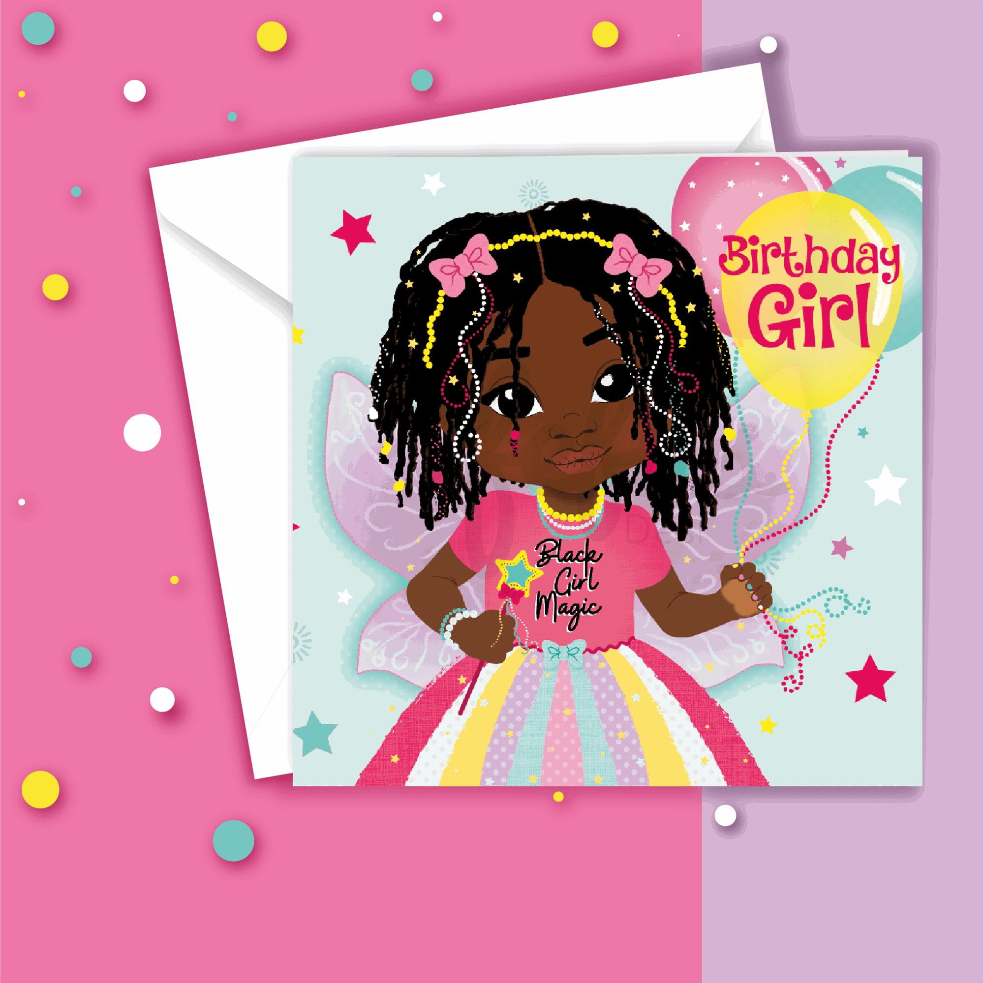 A birthday card featuring a brown girl with dreadlocks and fairy wings. The card reads "Happy Birthday".