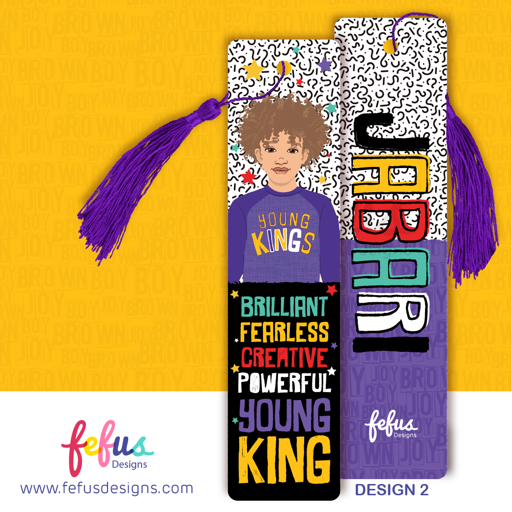 Two rectangular bookmarks with purple tassels. One features an illustration of a person in a purple shirt with the text YOUNG KINGS, BRILLIANT, FEARLESS, CREATIVE, POWERFUL, YOUNG KING. The other displays the name JABARI in large letters.