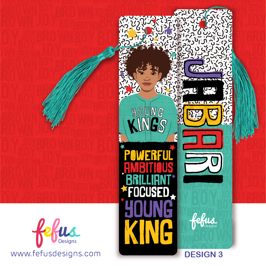 Two rectangular bookmarks with teal tassels. One features an illustration of a person with curly hair wearing a teal shirt with the text YOUNG KINGS, followed by the words POWERFUL AMBITIOUS BRILLIANT FOCUSED YOUNG KING. The other says JABARI.