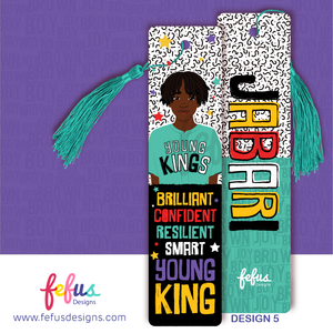 Two rectangular bookmarks with teal tassels. One features an illustration of a young person in a teal shirt with the text YOUNG KINGS, BRILLIANT, CONFIDENT, RESILIENT, SMART, YOUNG KING. The other displays the name JABARI in large letters.