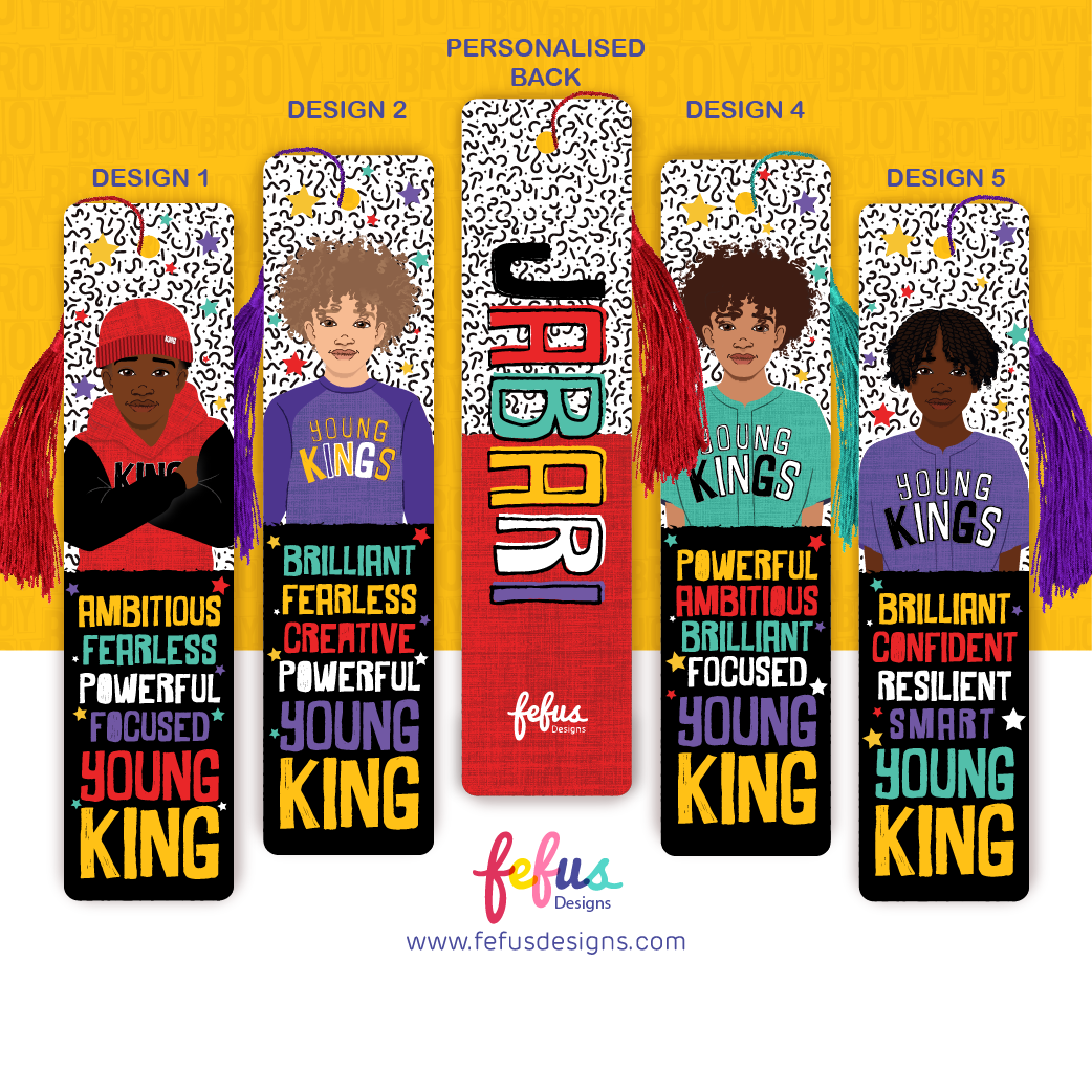 Five rectangular bookmarks with tassels, featuring illustrations of young people and the text "YOUNG KINGS" alongside positive adjectives. One bookmark displays the name "JABARI" in large letters. The background has a black and white pattern.
