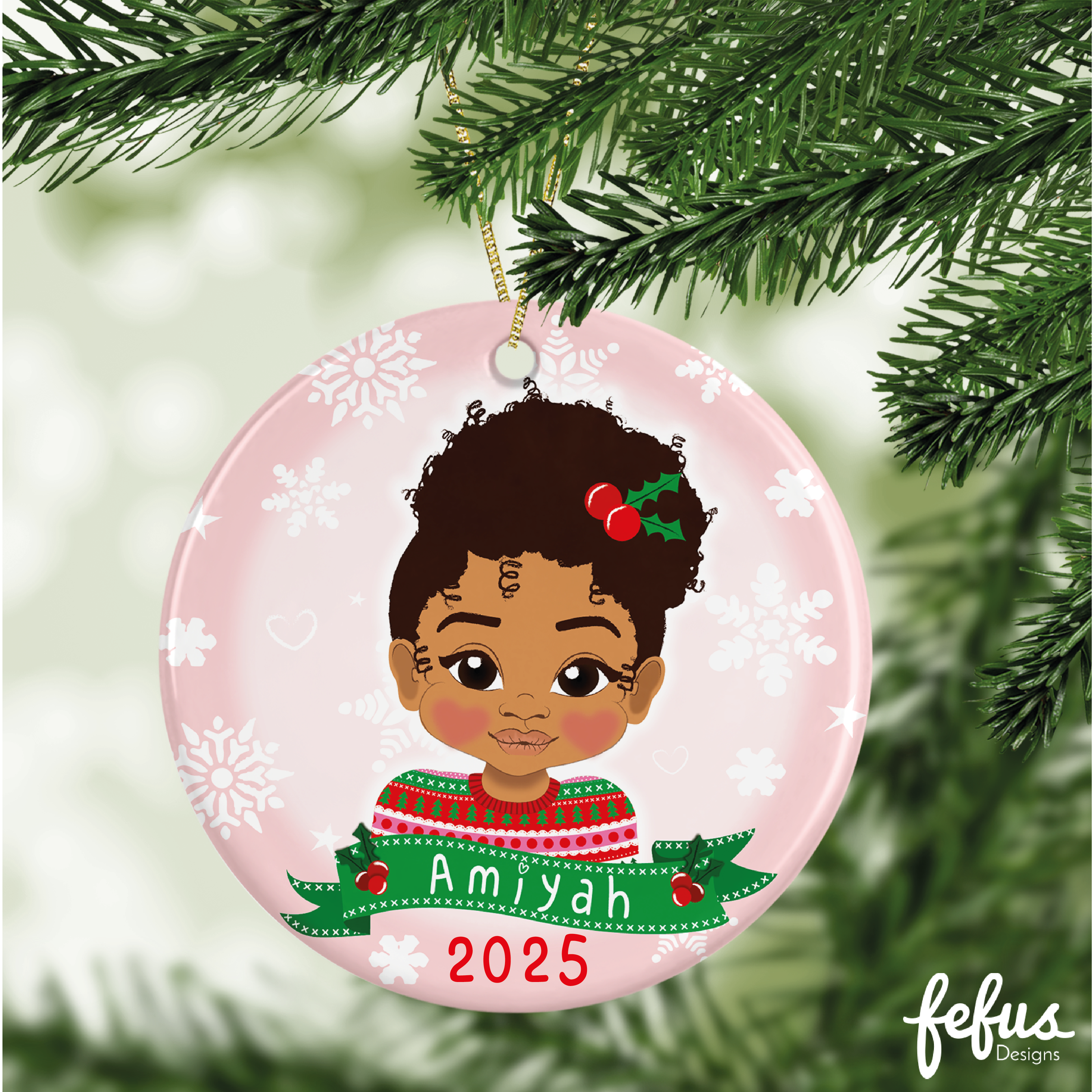 Personalised Brown Girl Christmas Bauble | Fefus Designs