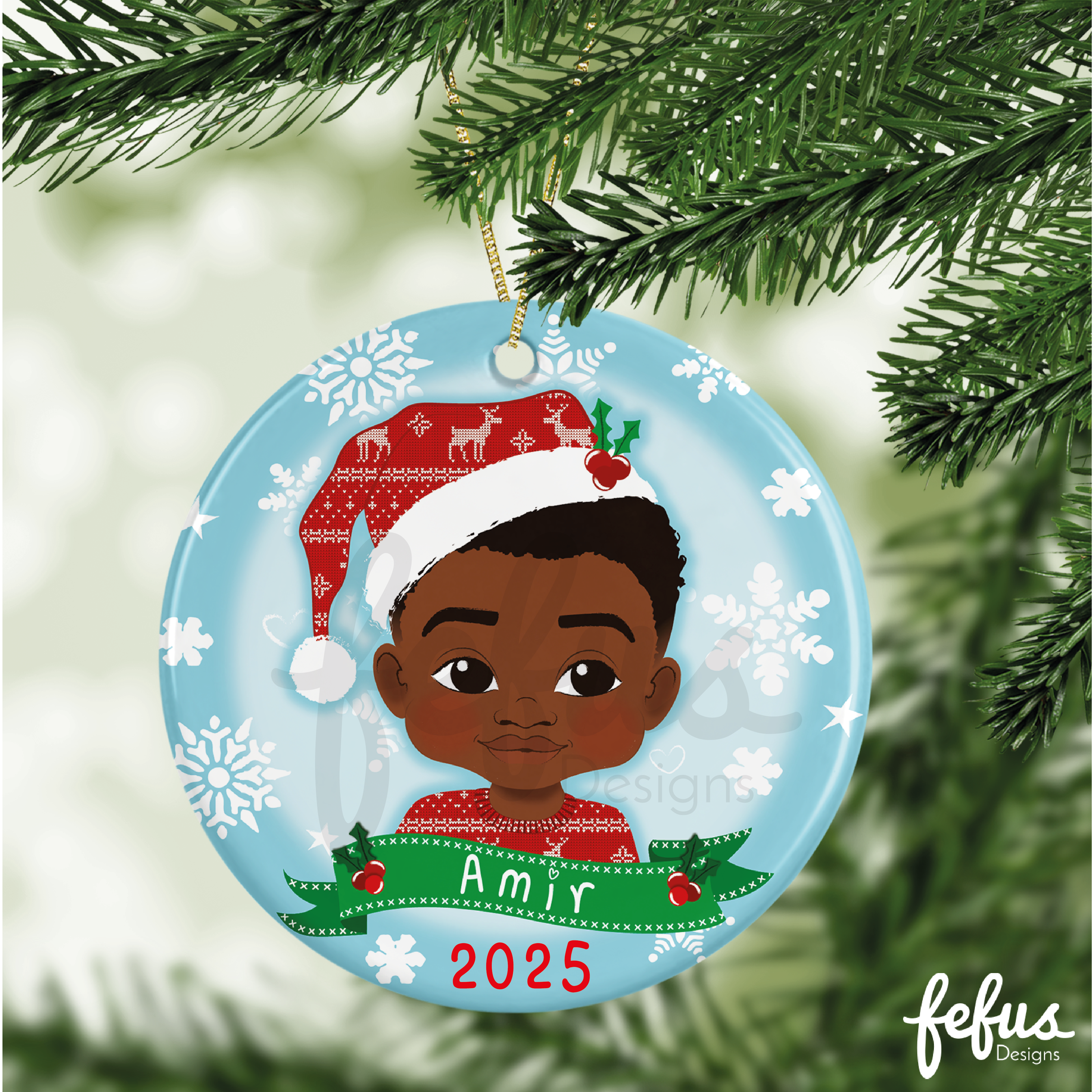 Personalised Black Boy Christmas Bauble | Fefus Designs