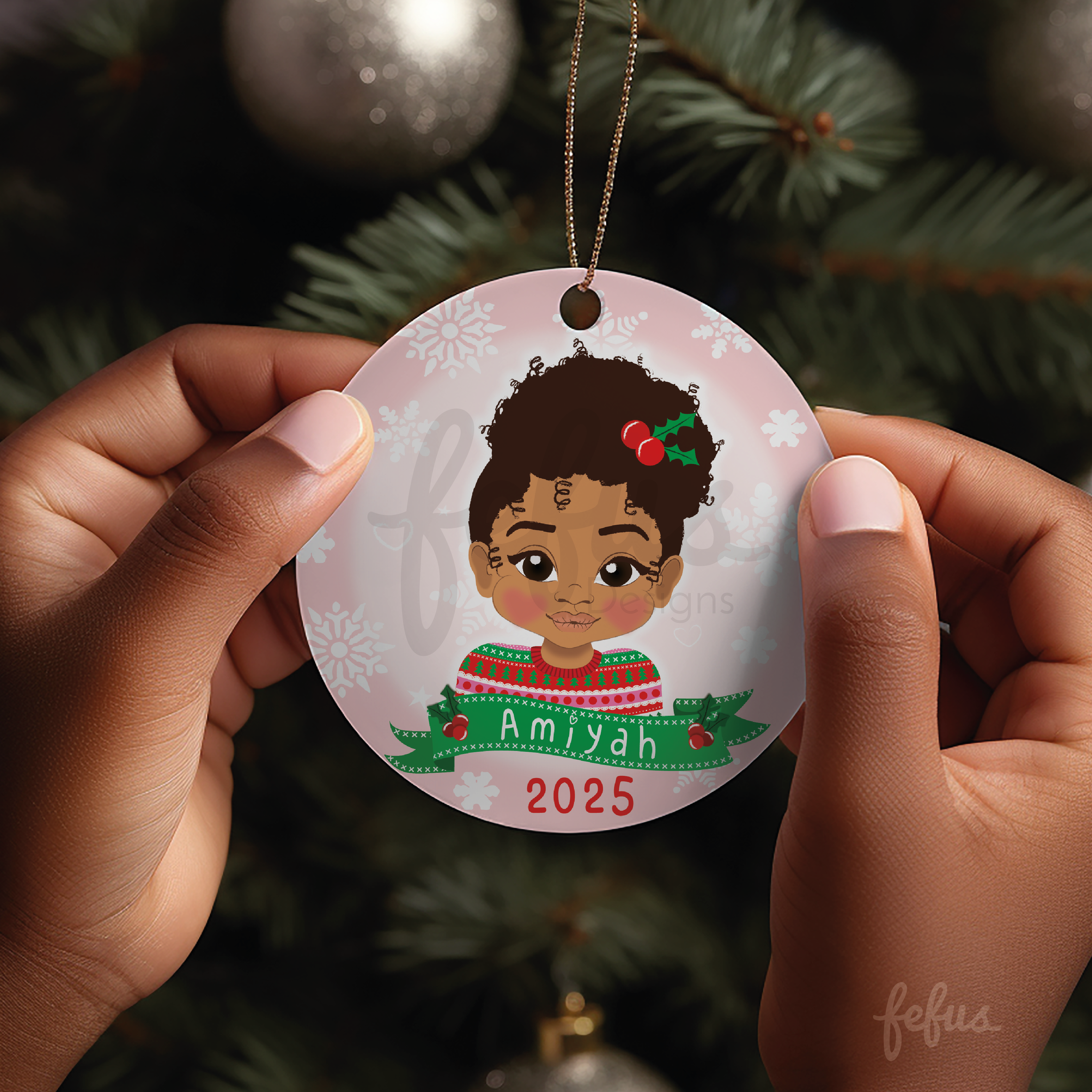 Personalised Brown Girl Christmas Bauble | Fefus Designs