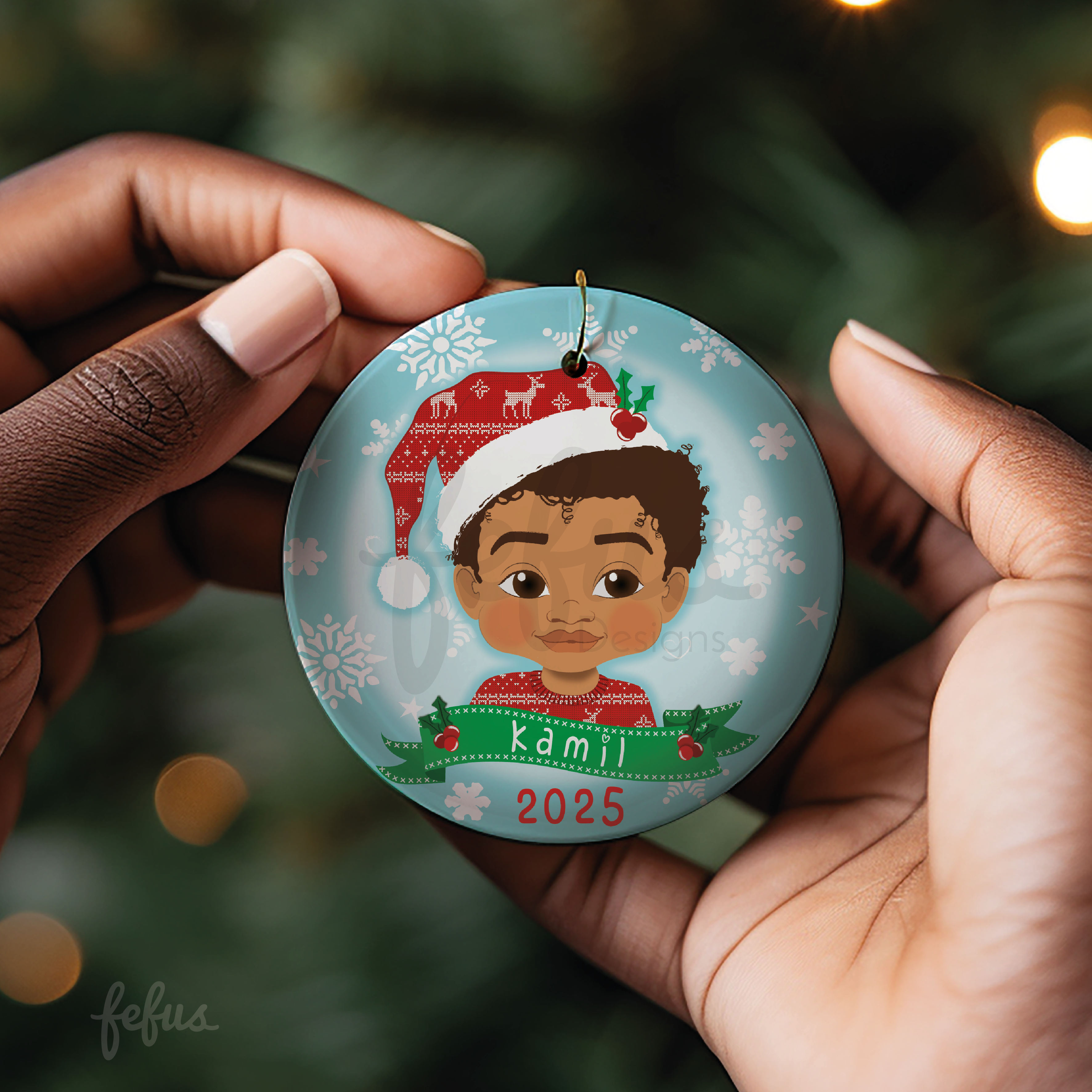 Personalised Brown Boy Christmas Bauble | Fefus Designs