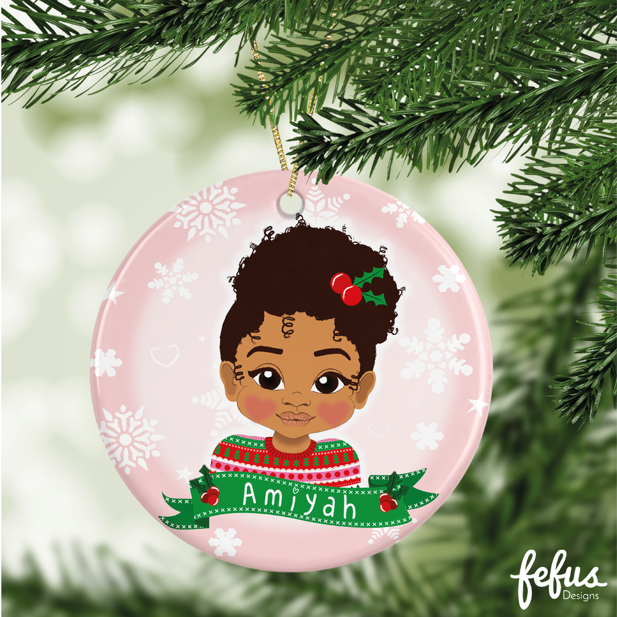 Another product view of the personalised brown girl Christmas bauble by Fefus Designs.