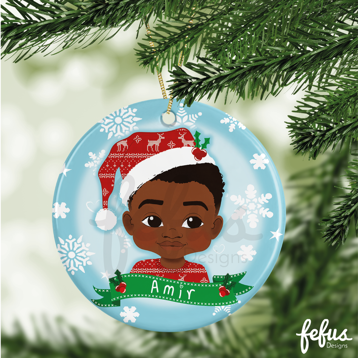 Another product view of the personalised Black boy Christmas bauble by Fefus Designs.