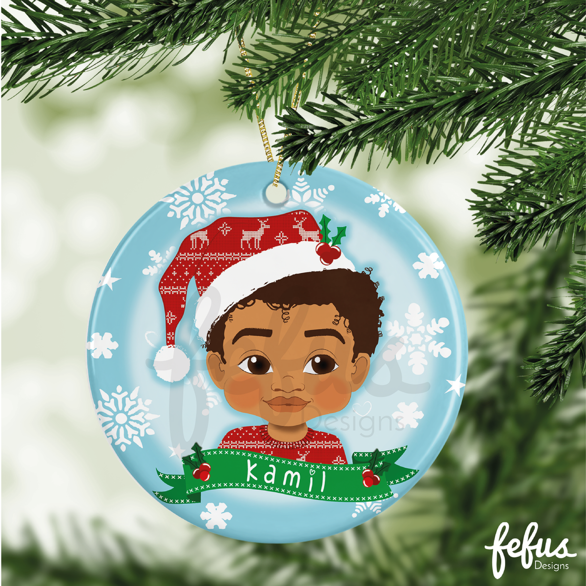Personalised brown boy Christmas bauble by Fefus Designs, designed as a keepsake for the Christmas tree.