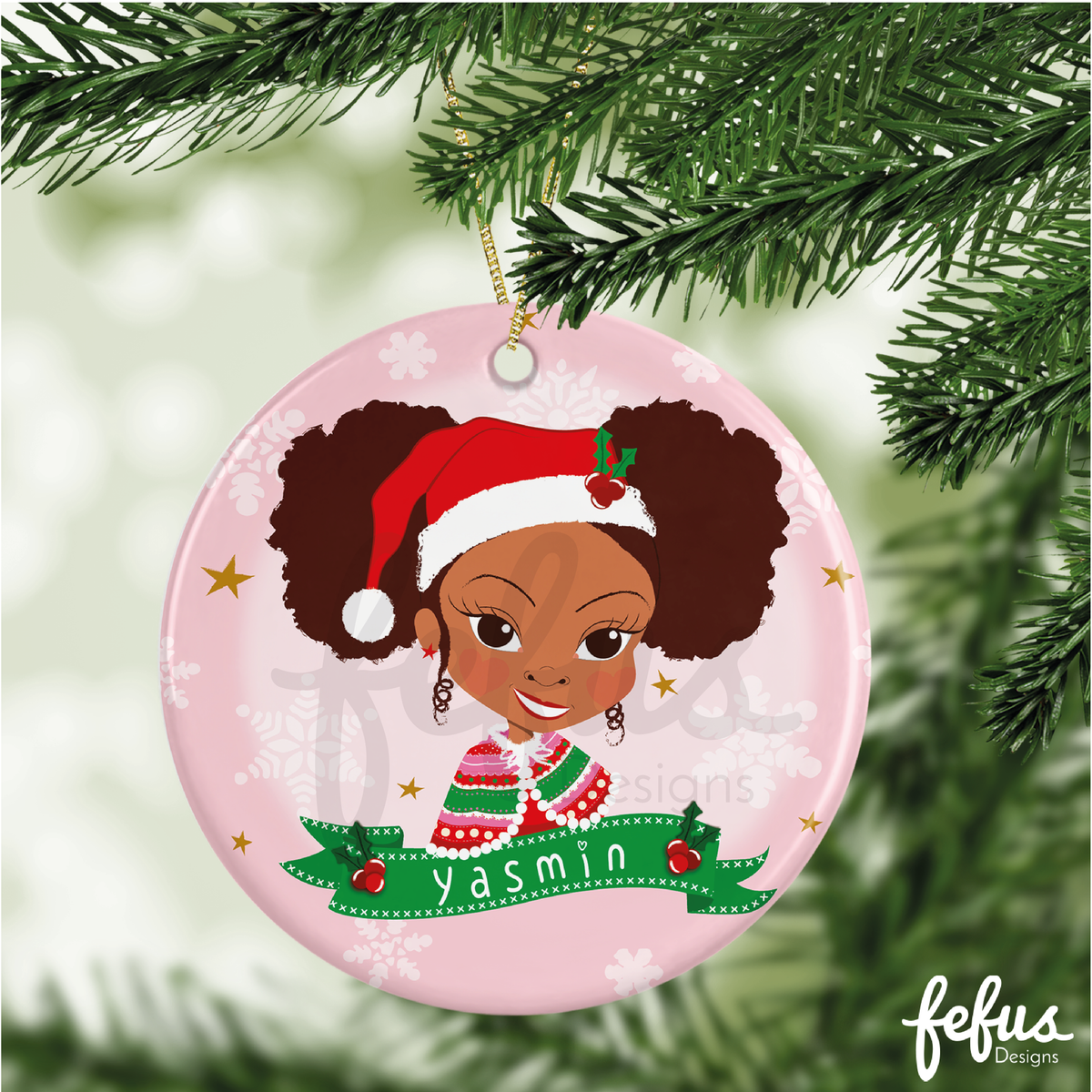 Additional product photo of the personalised Brown Girl Magic Christmas bauble by Fefus Designs.