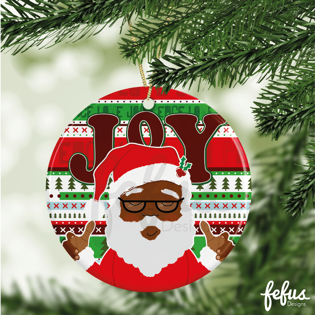 Another product view of the personalised Black Santa Christmas bauble by Fefus Designs.