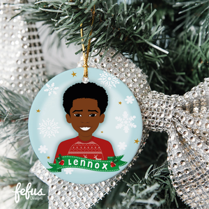 Personalised Black boys Christmas bauble by Fefus Designs, designed as a keepsake for the Christmas tree.