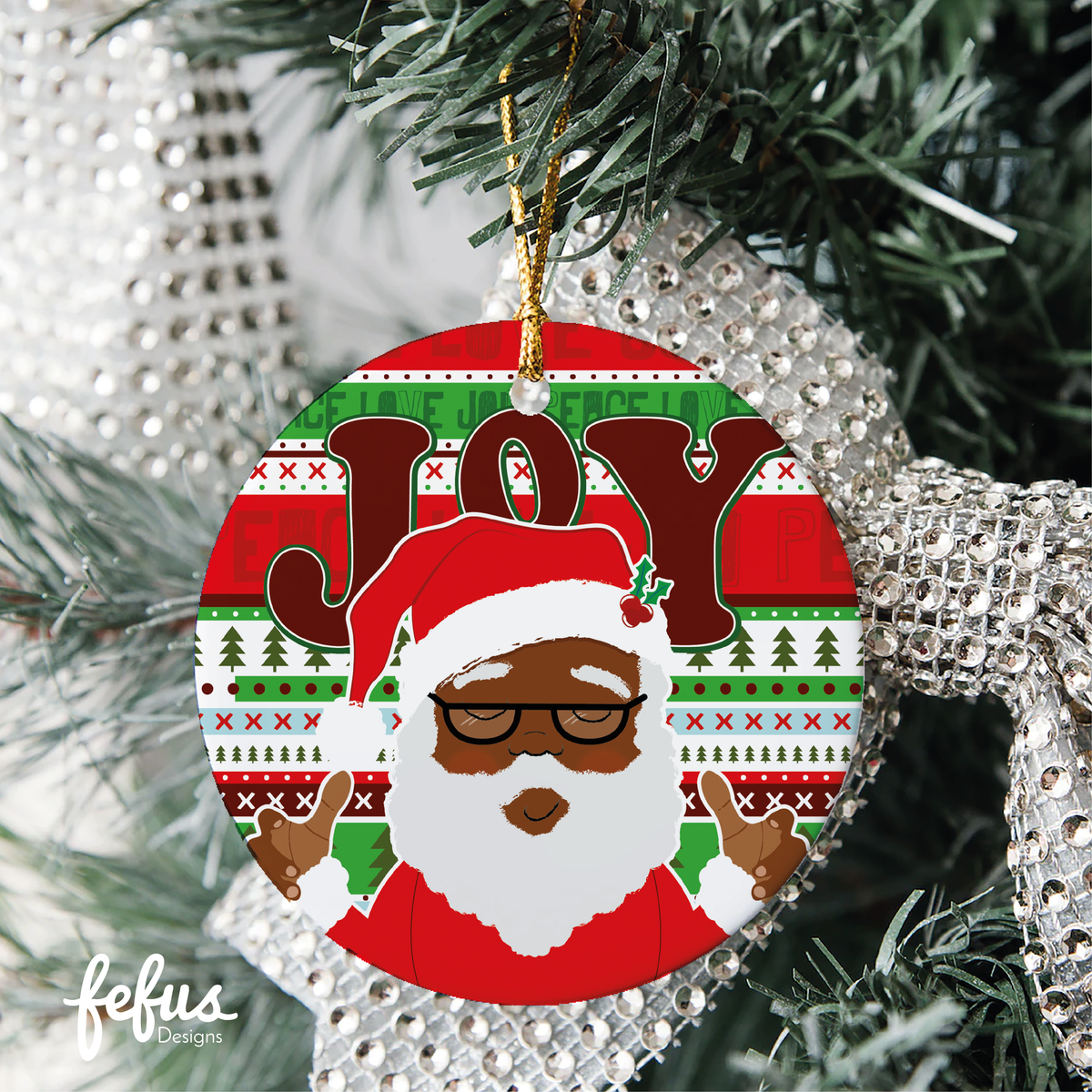 Additional product photo of the personalised Black Santa Christmas bauble by Fefus Designs.