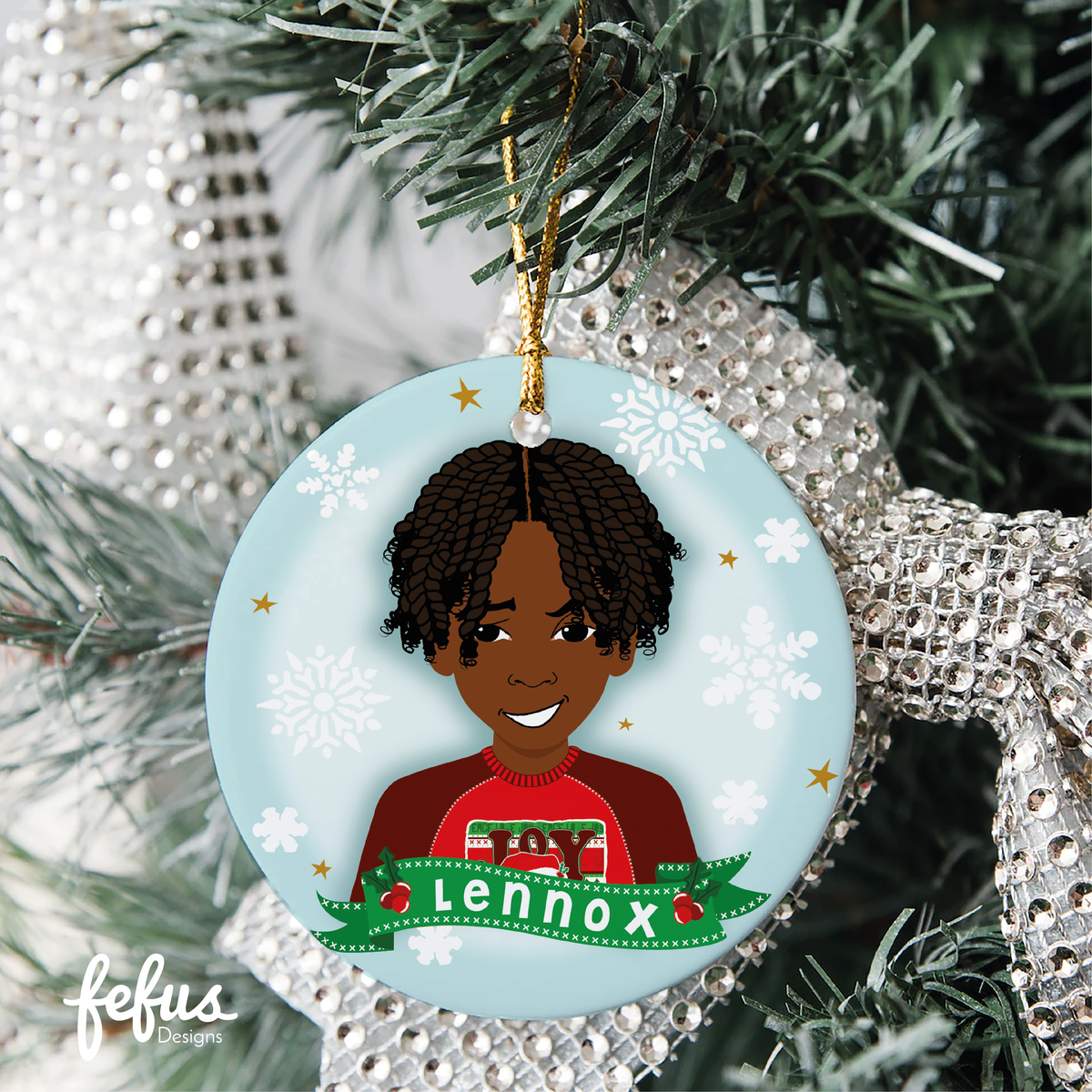 Additional product photo of the personalised Black Boy Joy featuring Kyrese Christmas bauble by Fefus Designs.