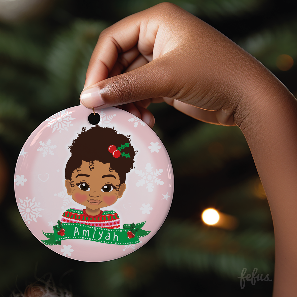 Further product photo of the personalised brown girl Christmas bauble by Fefus Designs.