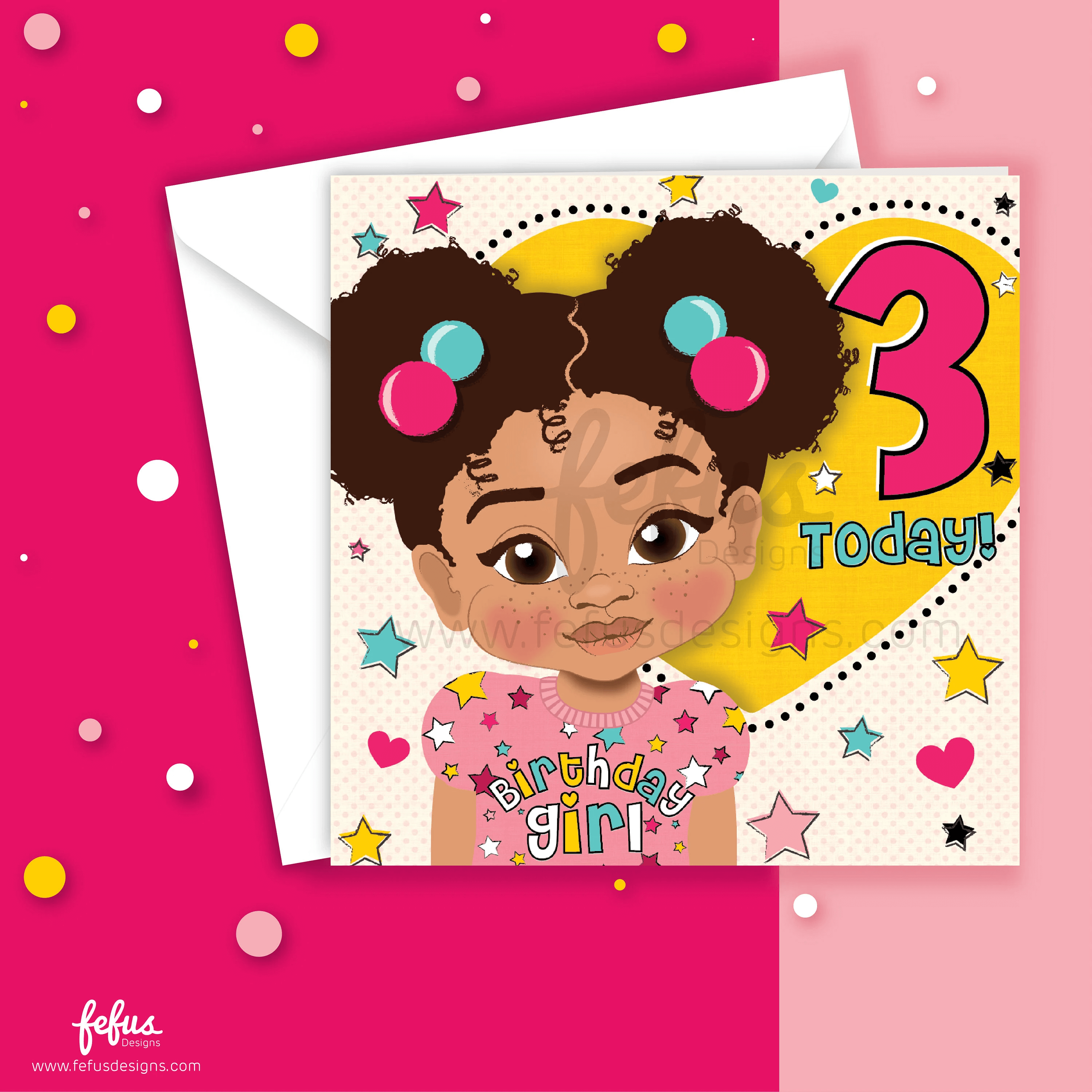Unique 3rd birthday card for brown-skinned toddler girl – empowering design. Biracial girl with two afro puffs, hair bubbles in pink and blue, wearing a light pink top with star pattern, 'Birthday Girl' in multicoloured letters. Background features a yellow heart with a pink '3', blue 'Today' text, and colourful stars. Celebrate with Fefus Designs' Biracial Girl's 3rd Birthday Card for empowering multicultural kids.