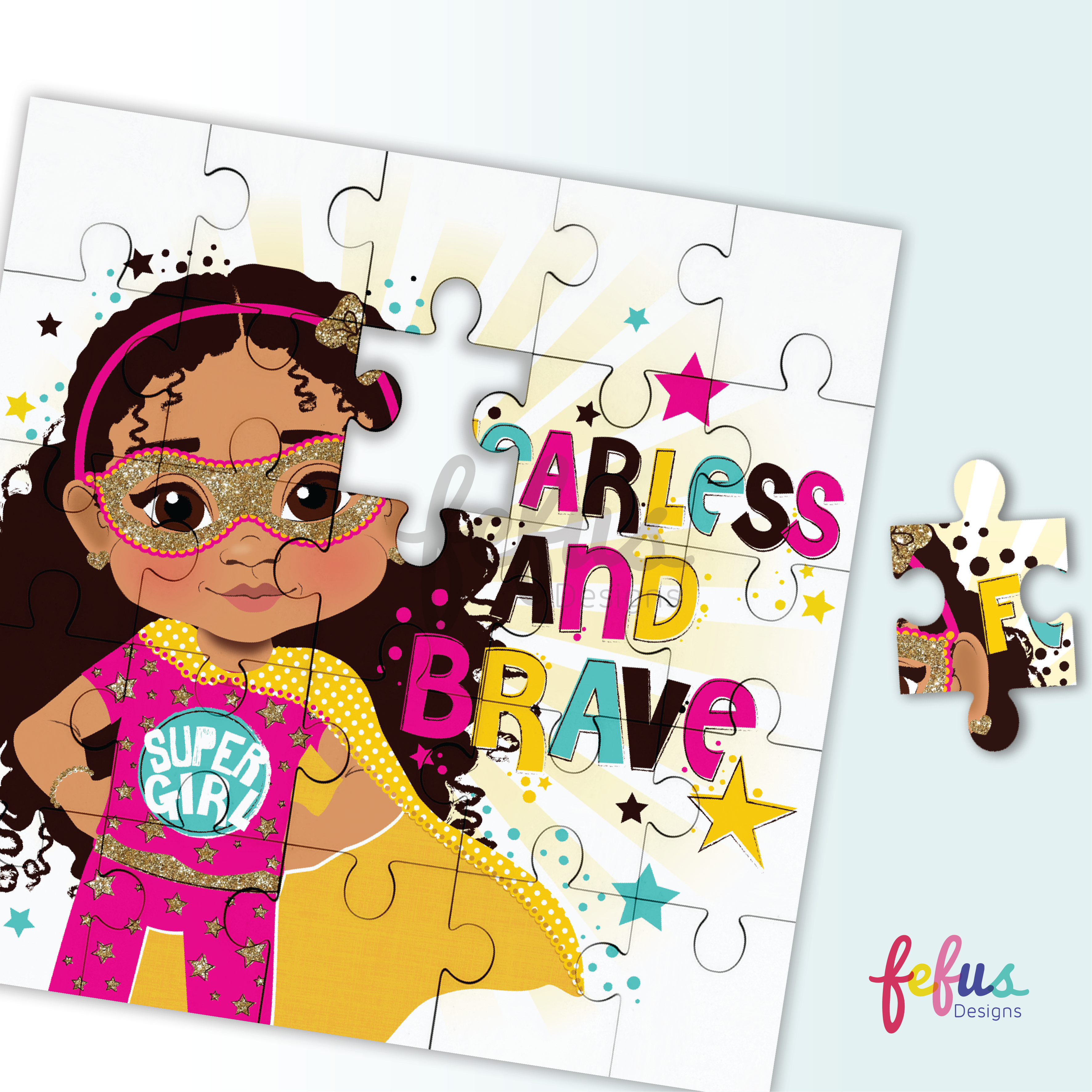 A colourful childrenโs puzzle celebrating representation, featuring a black and brown girl superhero with a fearless and brave message.