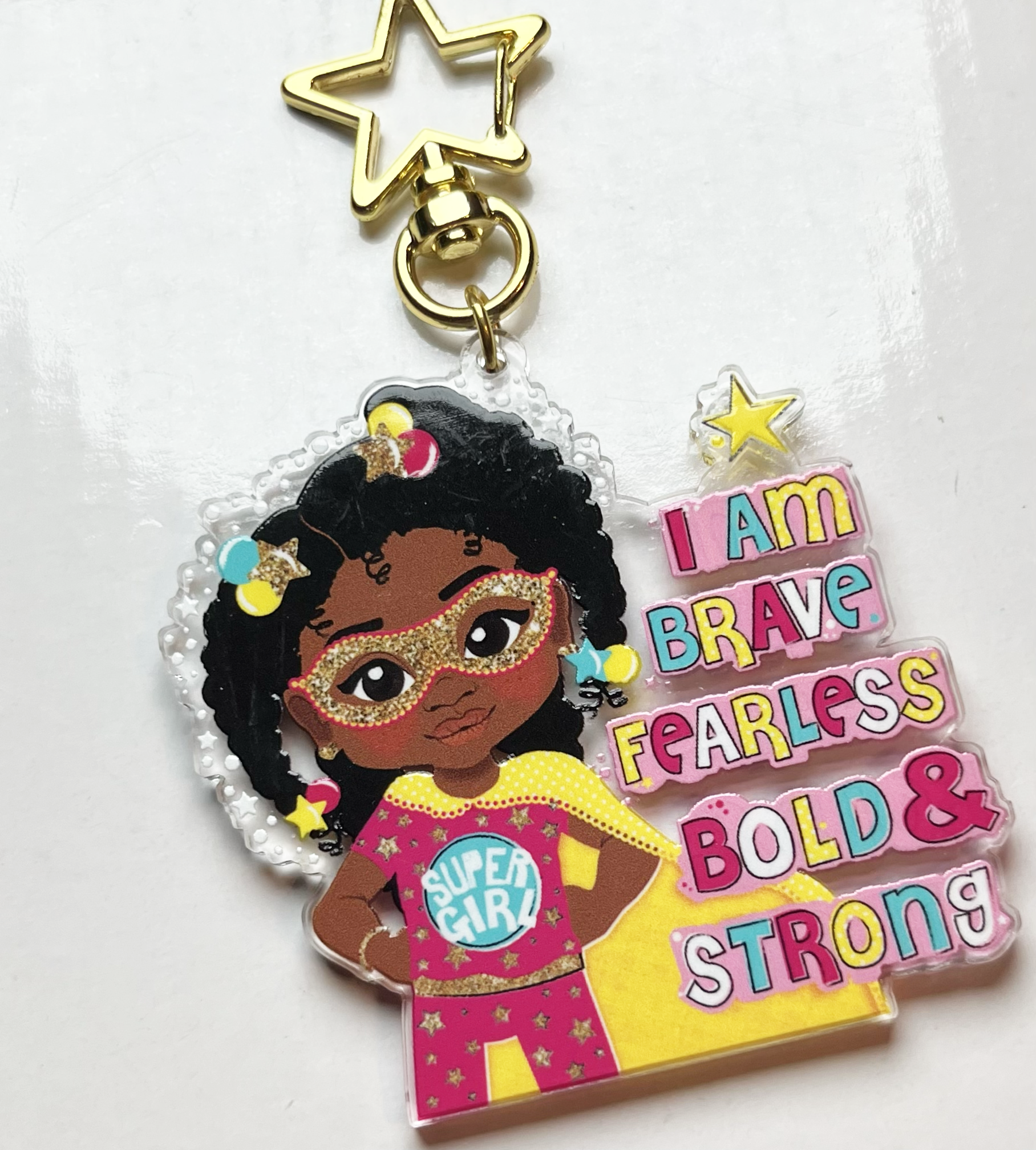 Black Girl Superhero Keyring – Empowering Recycled Acrylic Bag Charm for Kids | Afro Girl Keychain by Fefus Designs