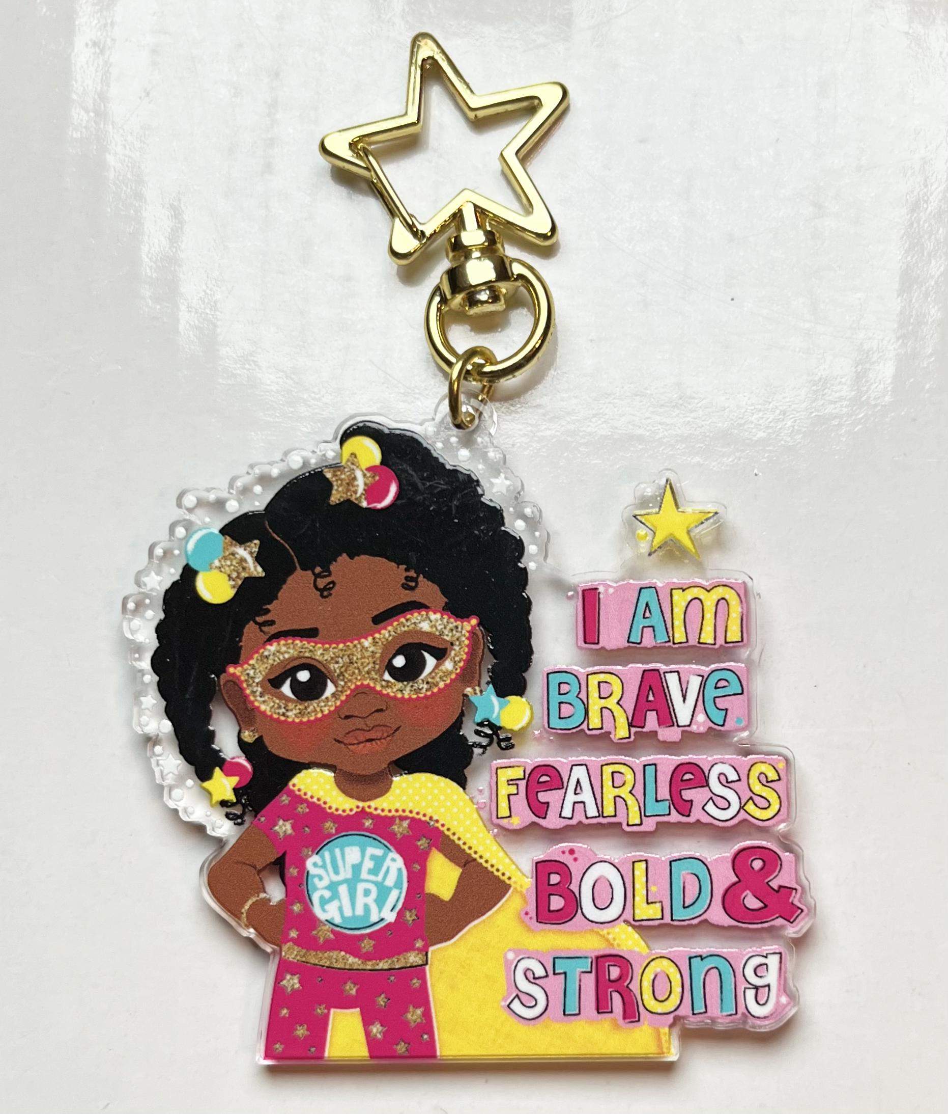 Black Girl Superhero Keyring – Empowering Recycled Acrylic Bag Charm for Kids | Afro Girl Keychain by Fefus Designs