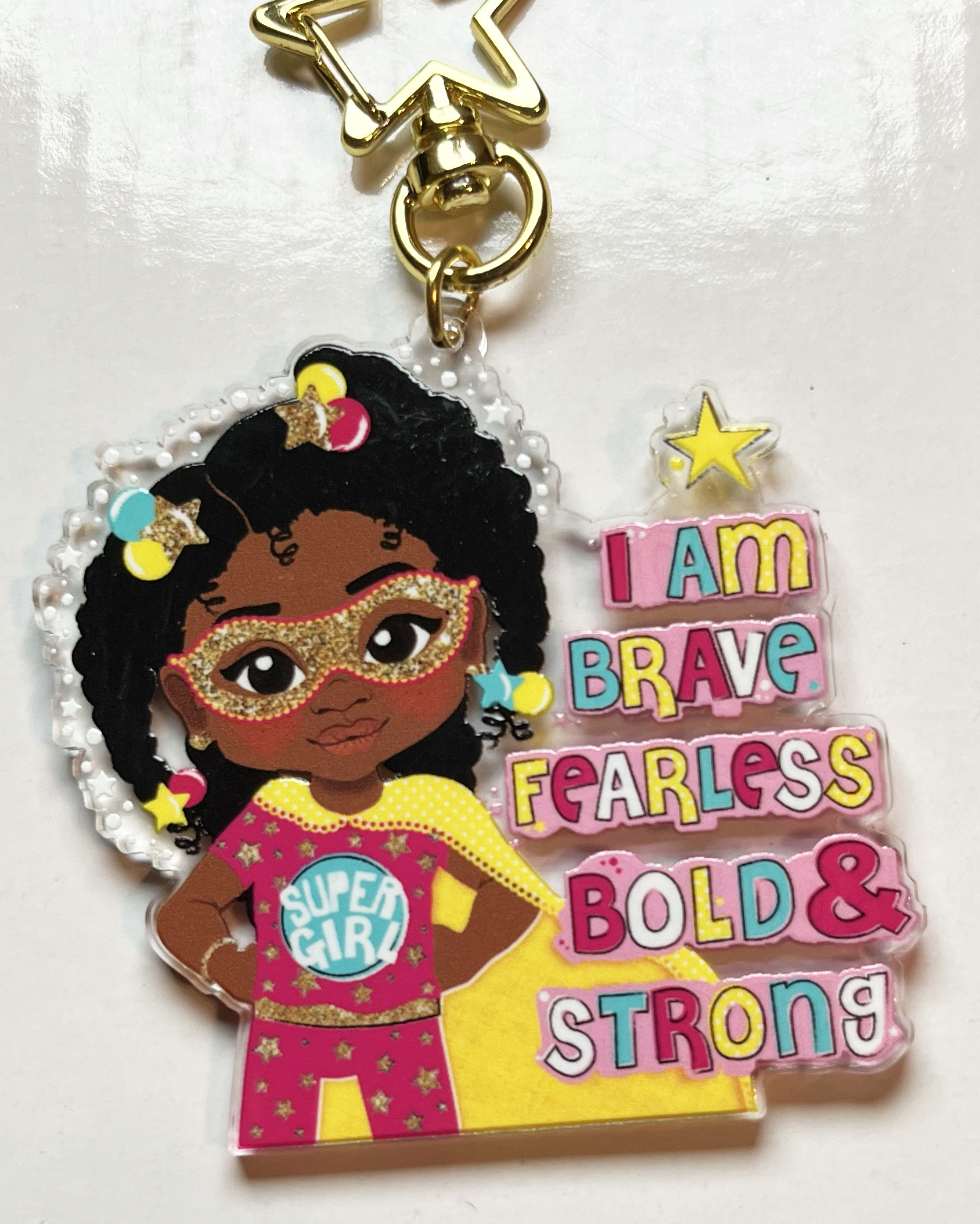 Black Girl Superhero Keyring – Empowering Recycled Acrylic Bag Charm for Kids | Afro Girl Keychain by Fefus Designs