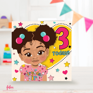 Biracial girl 3rd birthday card – illustrated multicultural toddler character. Brown girl with two afro puffs, hair bubbles in pink and blue, wearing a light pink top with star pattern, 'Birthday Girl' in multicoloured letters. Background features a yellow heart with a pink '3', blue 'Today' text, and colourful stars. Celebrate with Fefus Designs' Biracial Girl's 3rd Birthday Card for empowering multicultural kids.