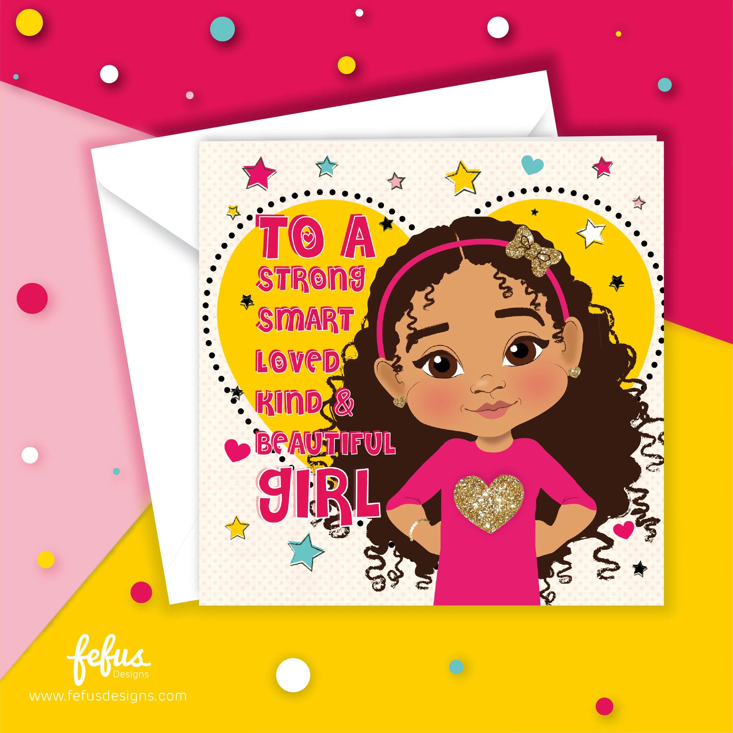 Empowering children’s birthday card for mixed-race girls, celebrating diversity with uplifting affirmations and a vibrant illustration.