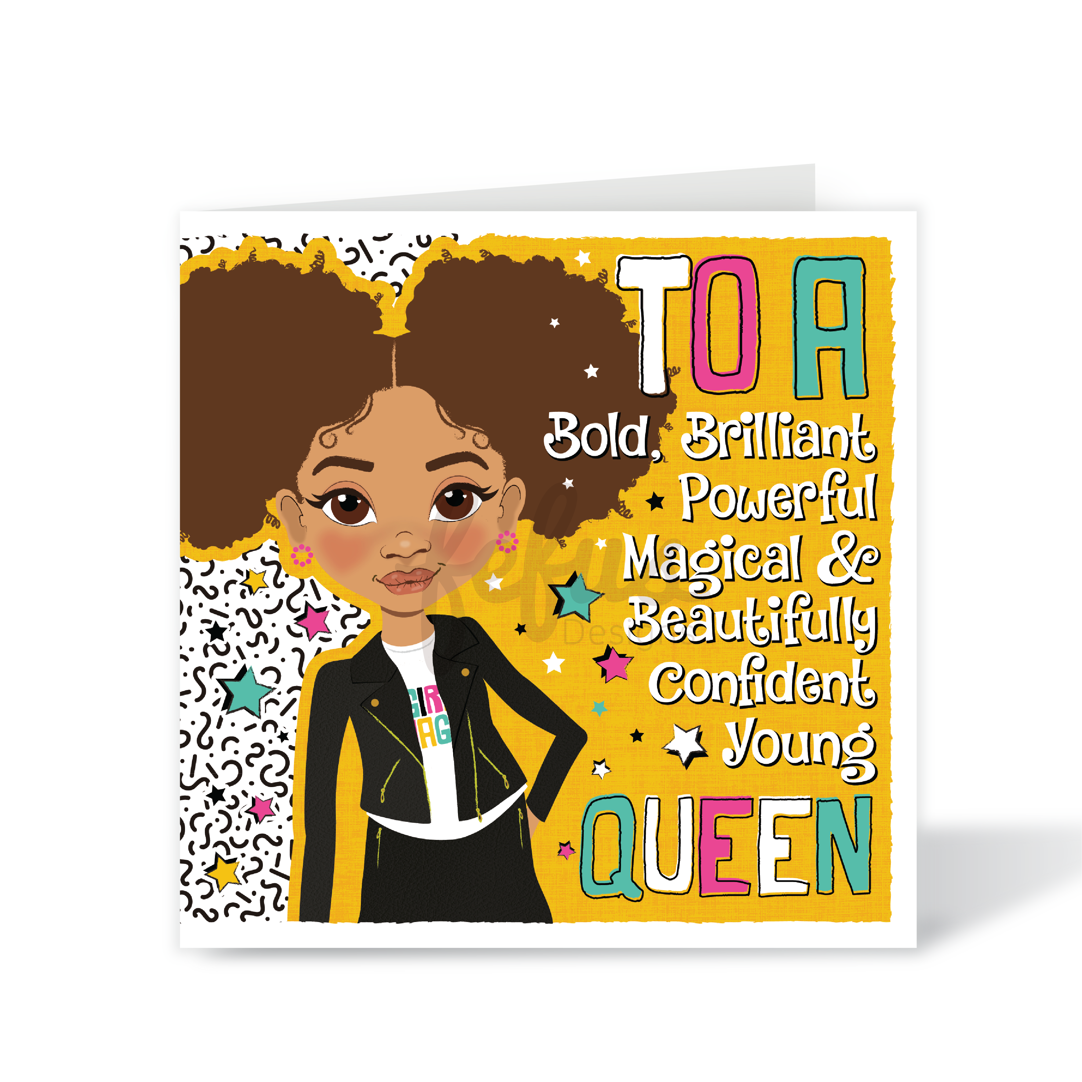 Empowering birthday card for mixed race girls featuring a girl with space buns and yellow varsity clothing. Greeting card with illustration of a young woman and motivational text on a yellow background. Mixed race girl with Afro puffs in leather biker jacket – Bold Queen affirmation birthday card by Fefus Designs