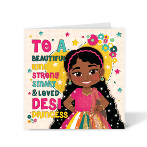 A beautiful square birthday card featuring a hand-drawn illustration of a confident, smiling South Asian (Desi) girl, designed to build self-esteem as part of the Heritage Hero Collection by Fefus Designs.