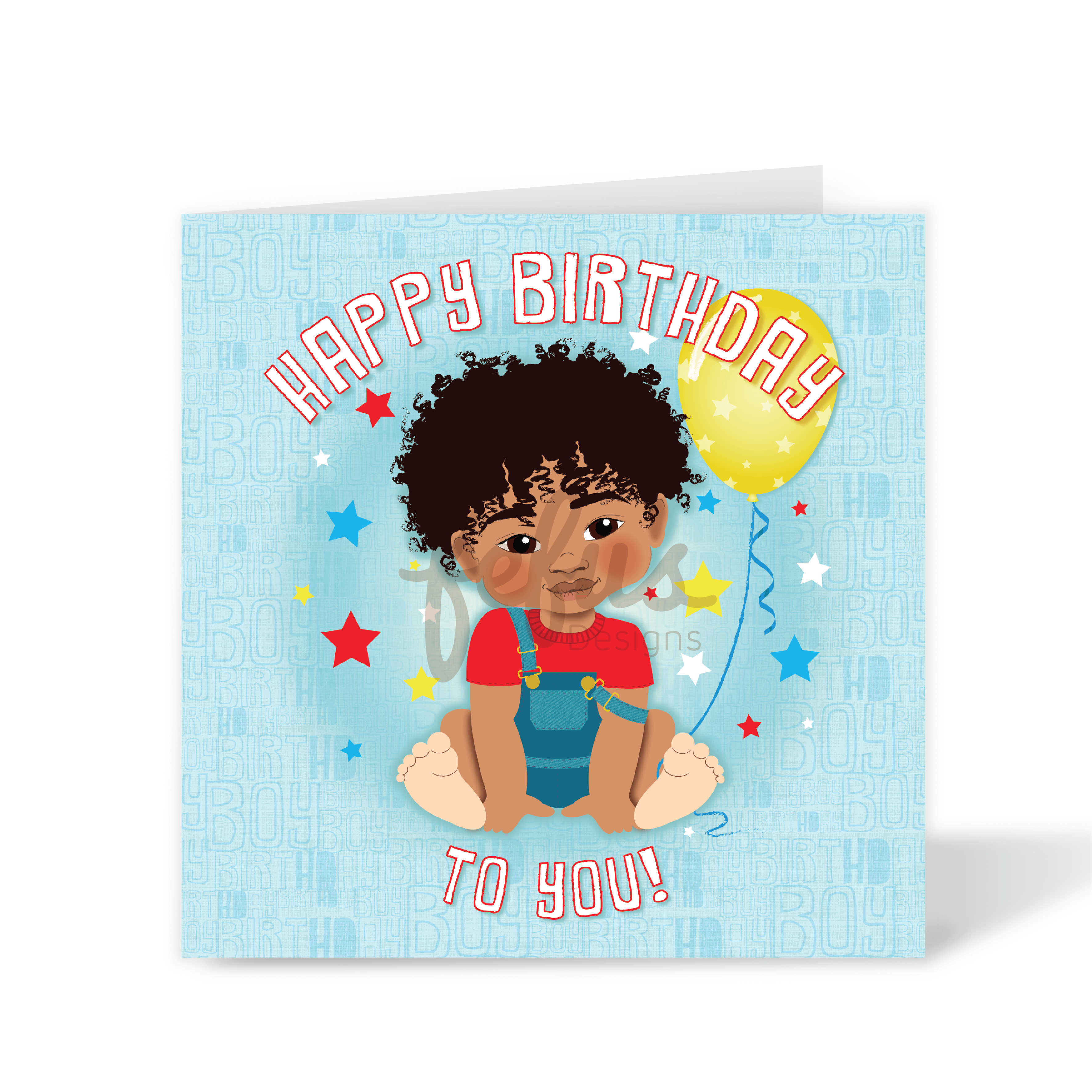 A vibrant square sky blue birthday card featuring a hand-drawn illustration of a mixed-heritage Blasian child with curly hair and denim dungarees. art of the Heritage Hero Collection by Fefus Designs.