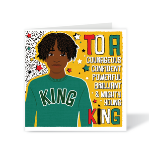 Empowering birthday card for Black boys featuring a boy with Afro twists and a baseball shirt..Greeting card with a person wearing a green sweater with 'KING' text on a colourful background. Black boy with Afro twists hairstyle. Wearing green jumper with KING on the front – Awesome King affirmation birthday card by Fefus Designs