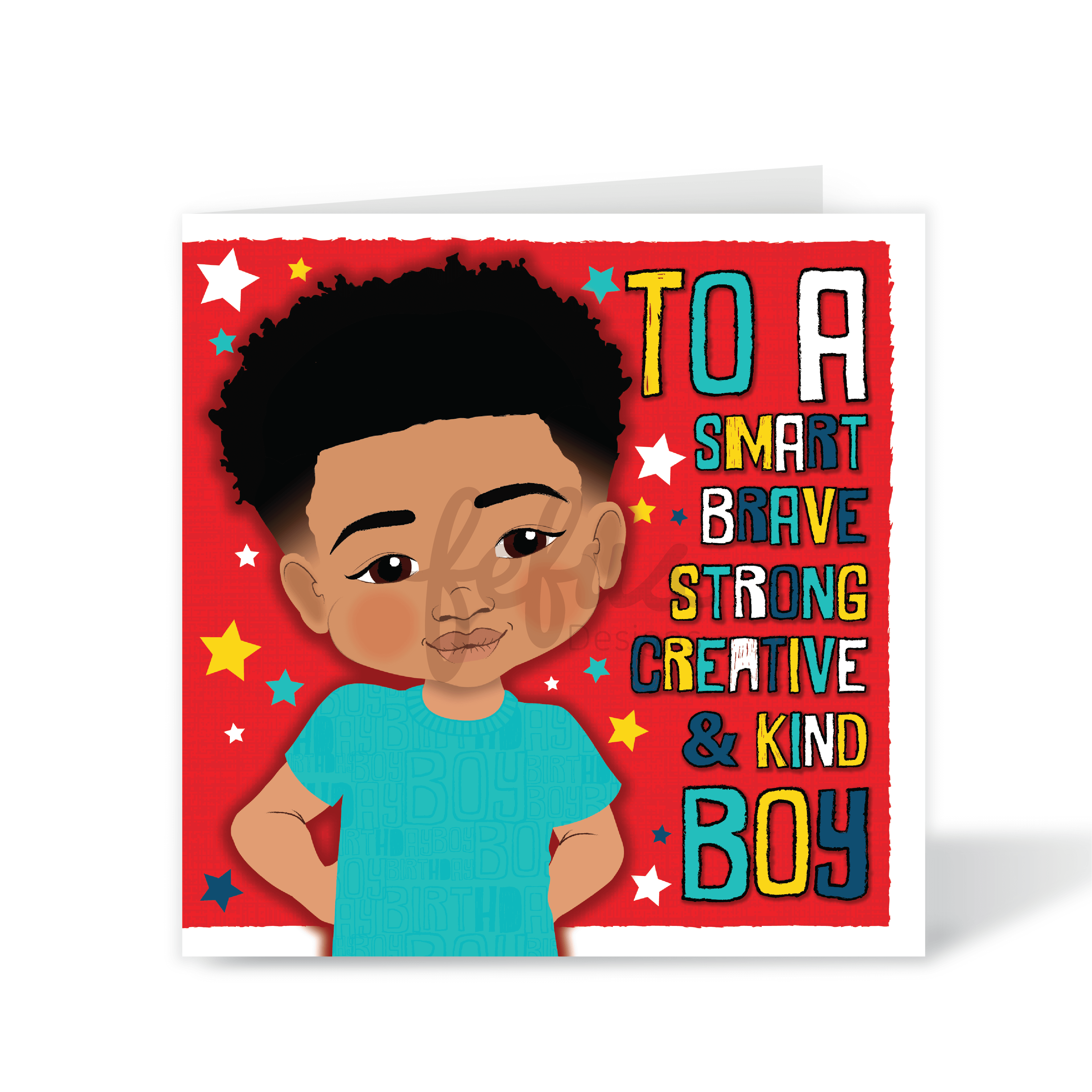 A vibrant square birthday card for boys, featuring a hand-drawn illustration of a joyful Blasian boy with stars and the text "To a SMART BRAVE CREATIVE & KIND boy," part of the Heritage Hero Collection by Fefus Designs.