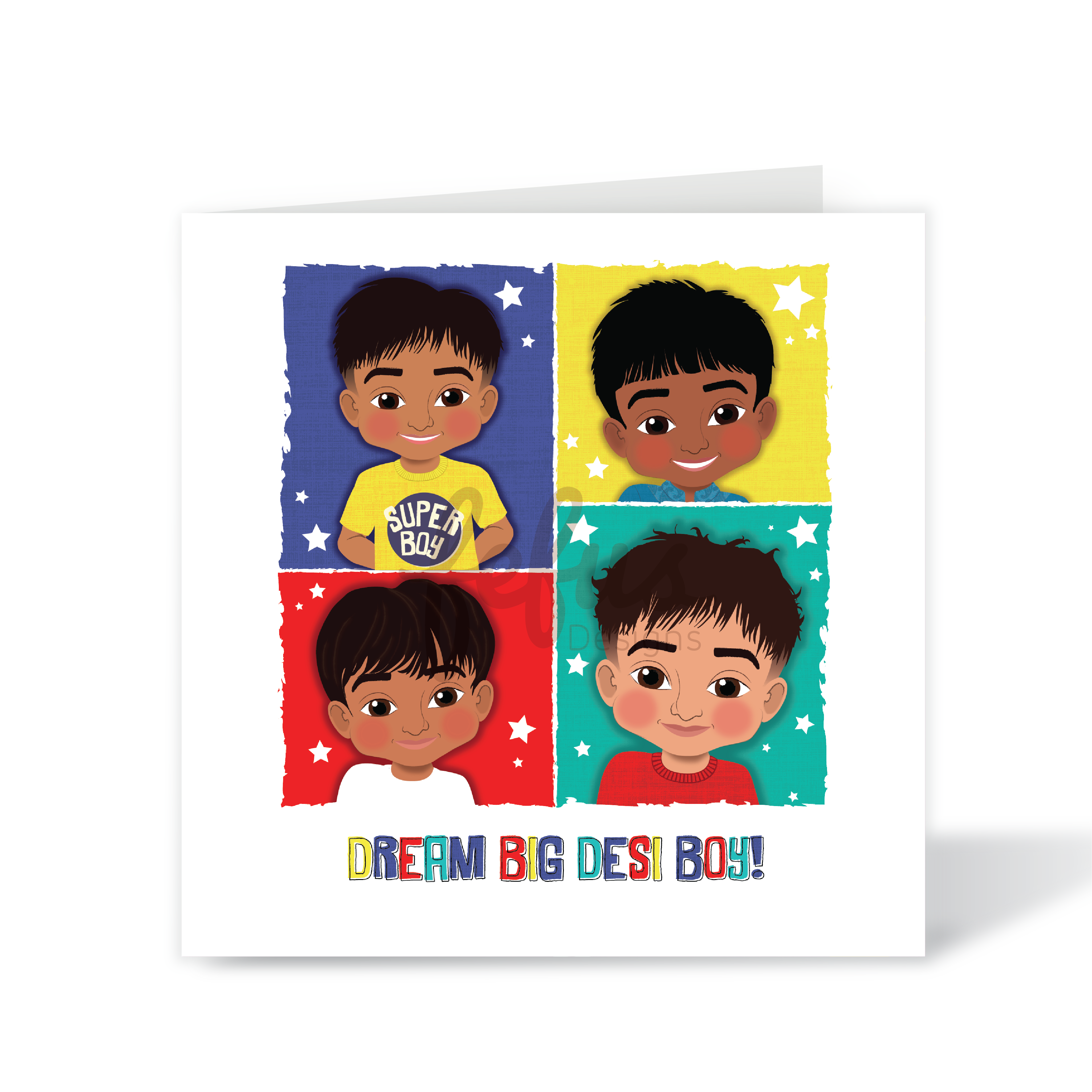 A vibrant square birthday card for boys featuring four different illustrations of a stylish South Asian boy in various colourful outfits with the empowering text "DREAM BIG DESI BOY!" from The Heritage Hero Collection by Fefus Designs.