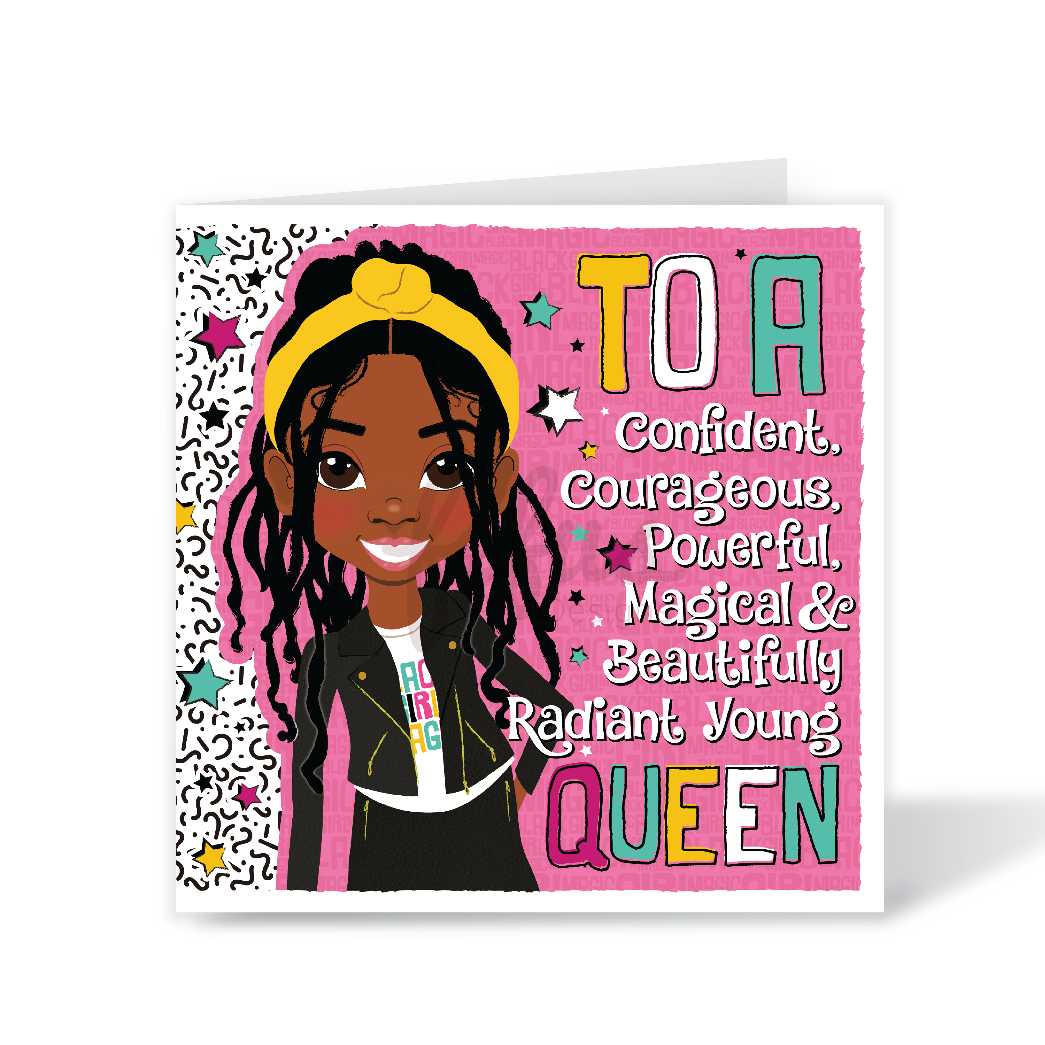 Empowering birthday card for Black girls featuring a girl with hair extensions and a leather biker jacket. Black girl with hair extensions in leather biker jacket – Fearless Queen affirmation birthday card by Fefus Designs