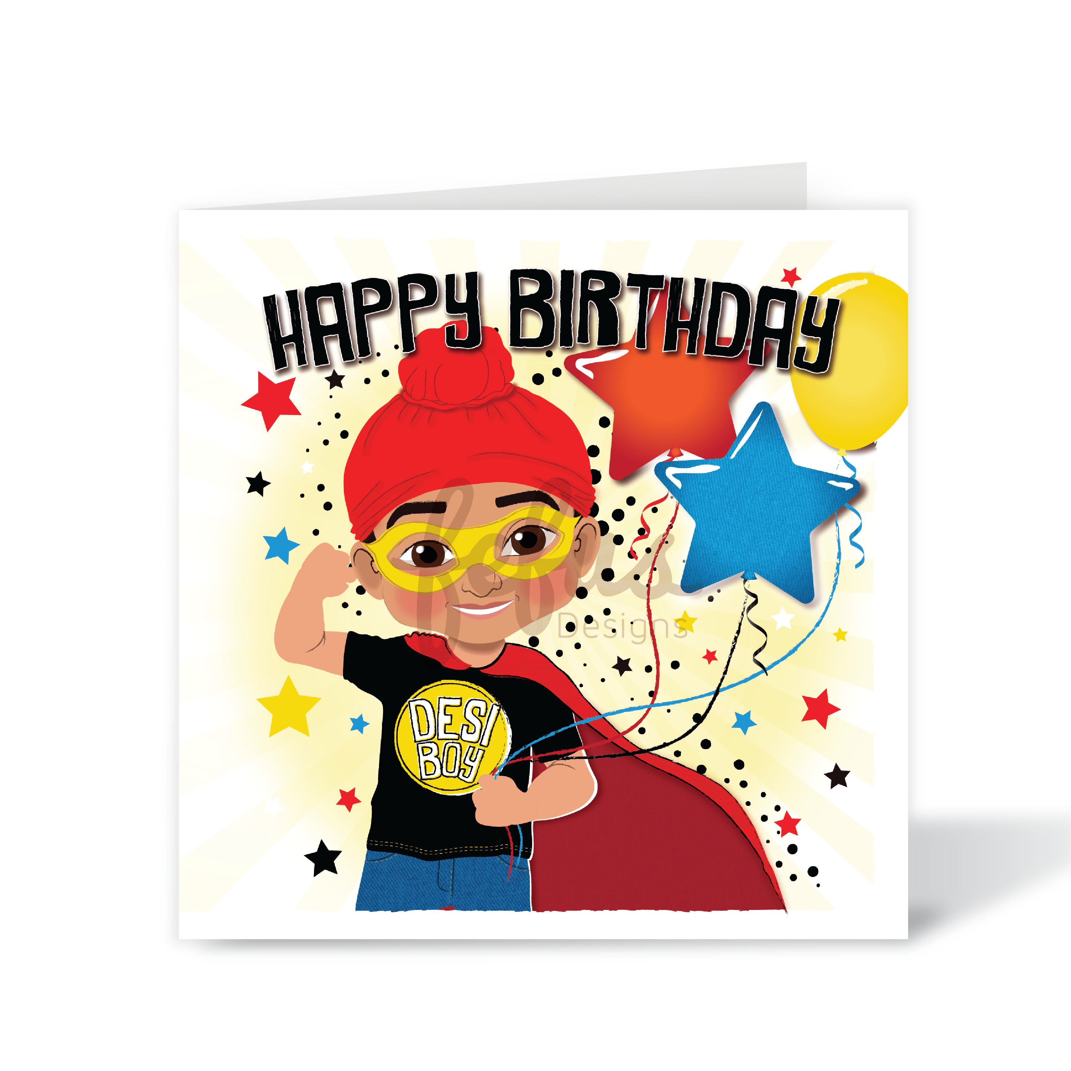 A vibrant square birthday card for boys, featuring a hand-drawn illustration of a joyful Indian boy with a traditional Joora and a superhero cape, part of the Heritage Hero Collection by Fefus Designs.