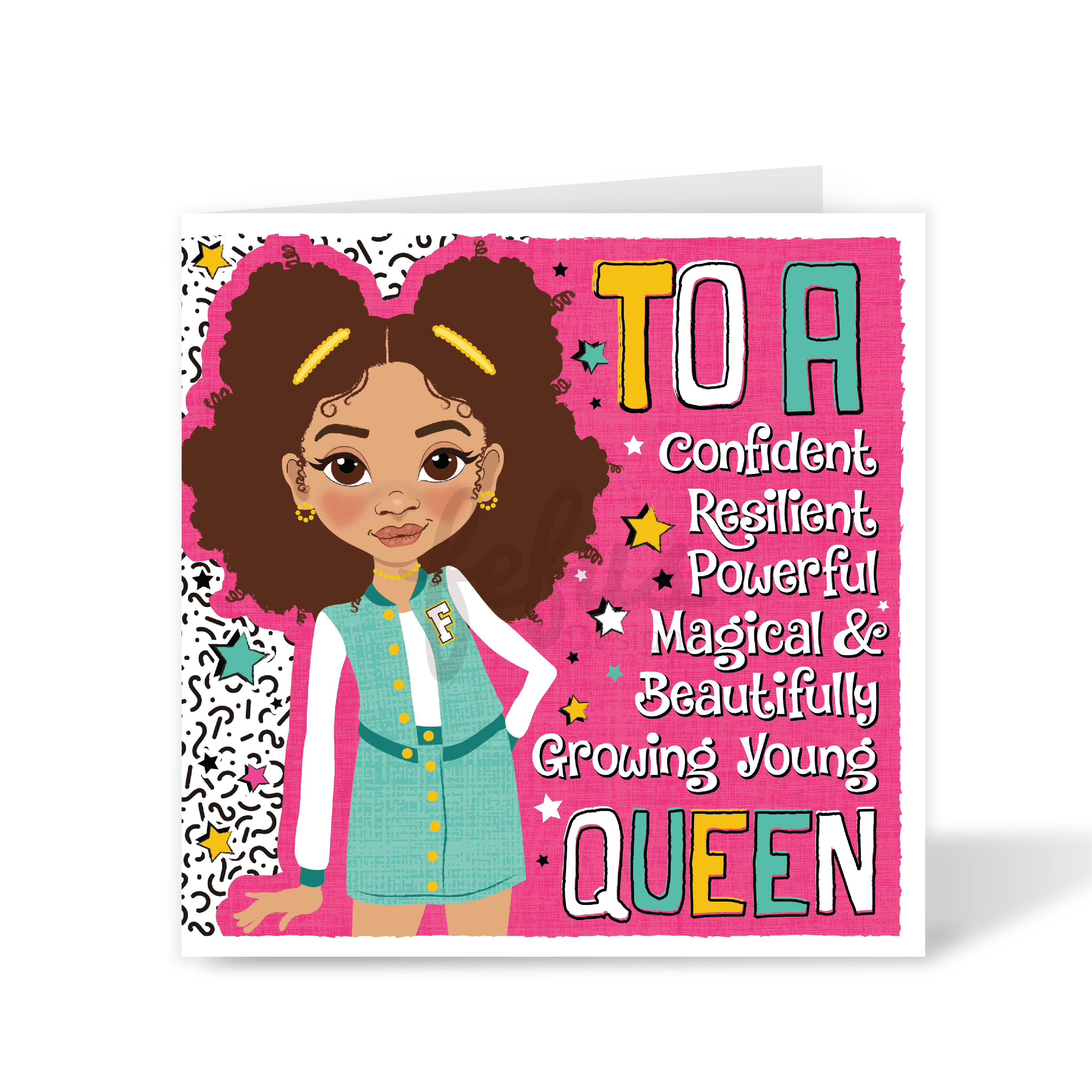 Empowering birthday card for mixed race girls featuring a girl with Afro puffs and a leather biker jacket. Greeting card with a young girl illustration and motivational text on a pink background. Mixed race girl in turquoise varsity set with space buns – Confident Queen affirmation birthday card by Fefus Designs