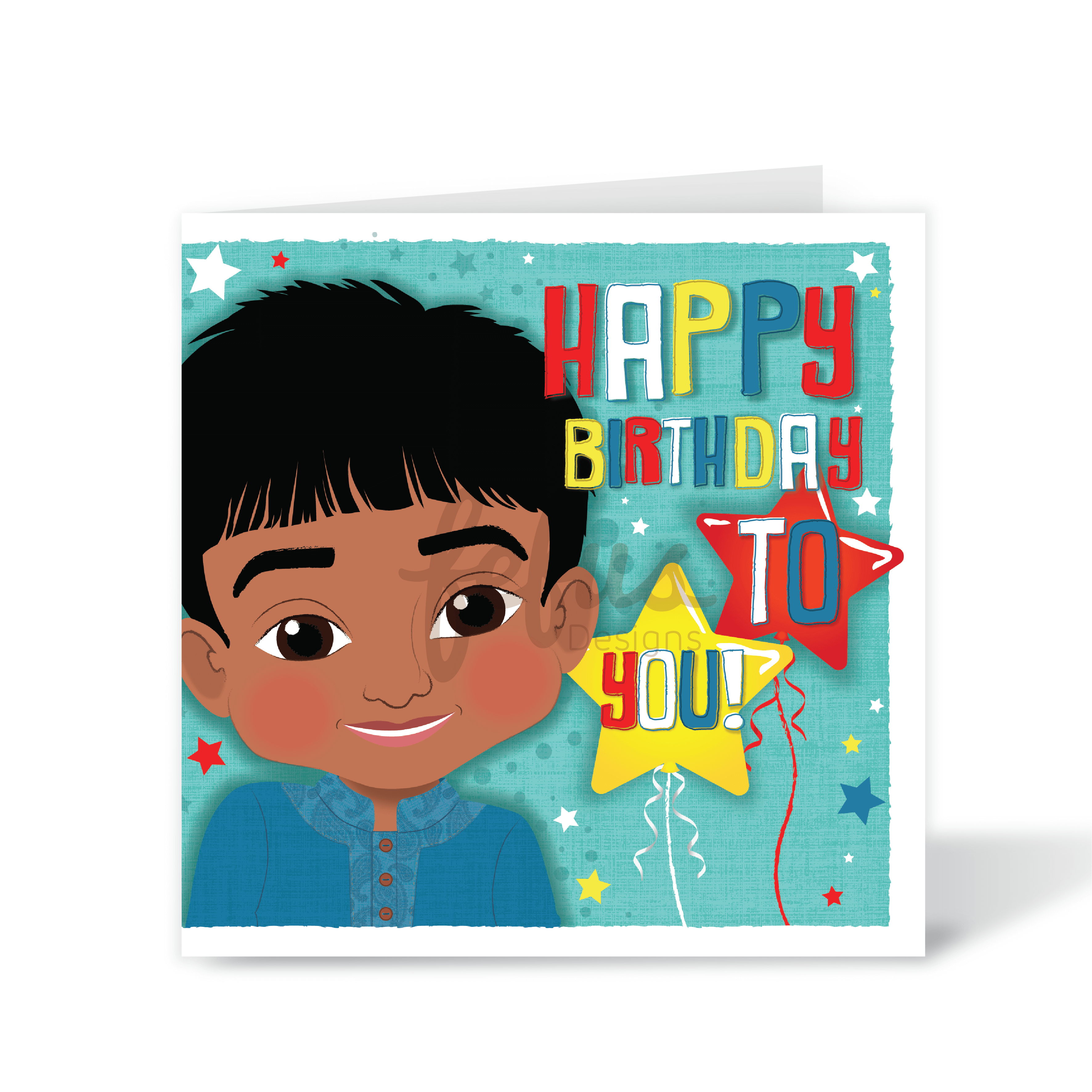 A colourful square birthday card for boys, featuring a hand-drawn illustration of a smiling South Asian boy with birthday balloons and the text "Happy Birthday To You!", part of the Heritage Hero Collection by Fefus Designs.