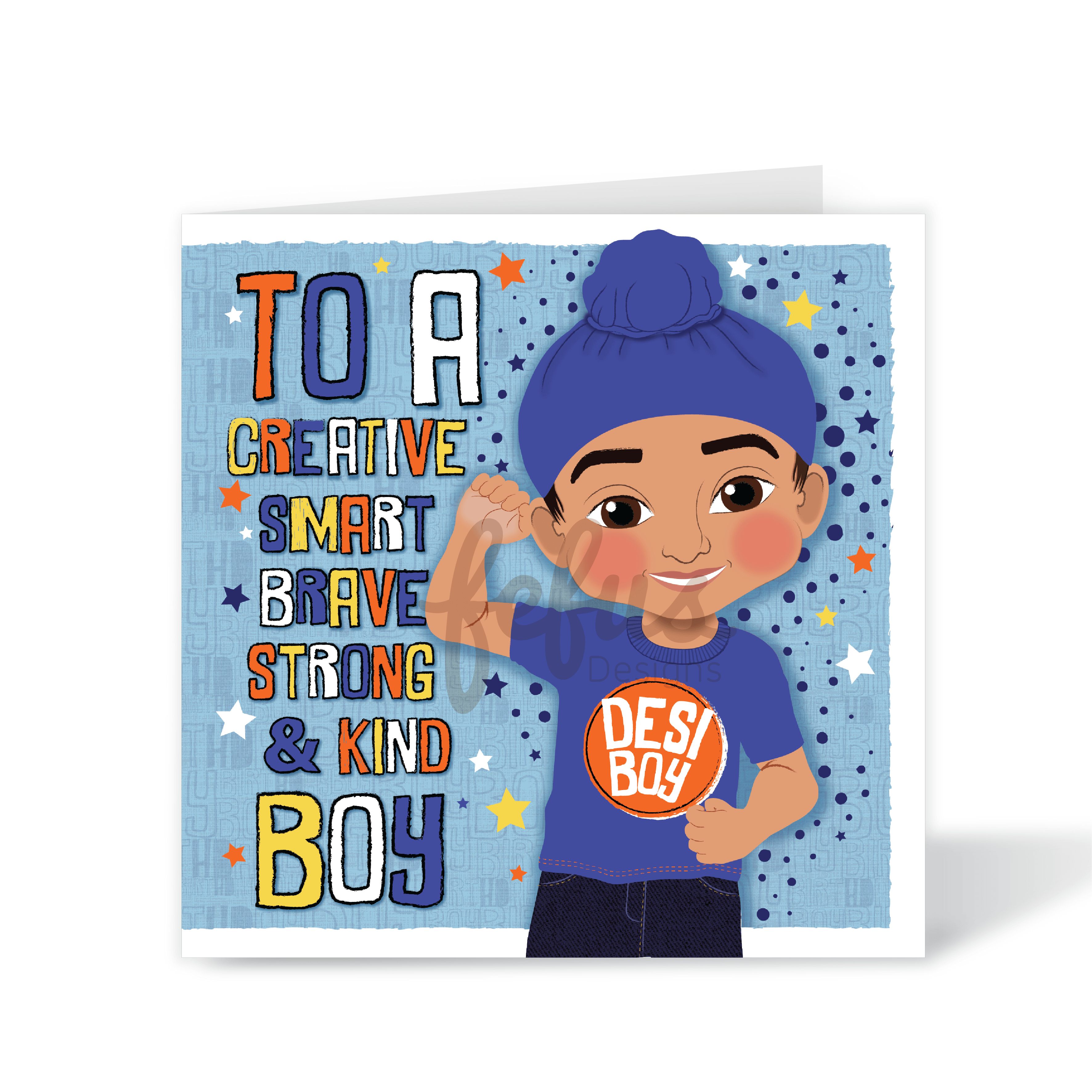 A soulful square birthday card featuring a hand-drawn illustration of a young South Asian boy with a traditional Joora, part of the Heritage Hero Collection by Fefus Designs.
