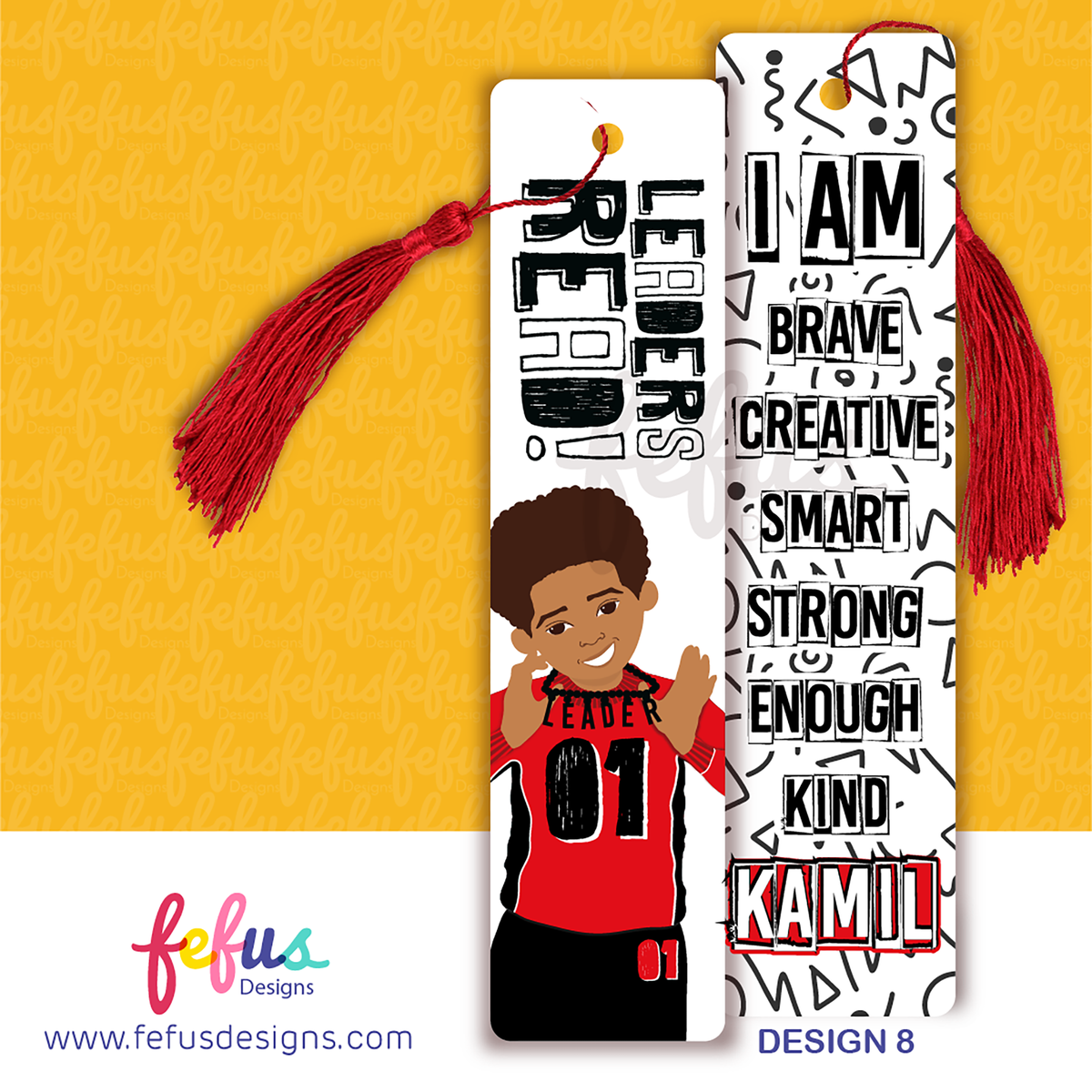 Personalised bookmark for boys with affirmations, featuring a brown and black children's characters