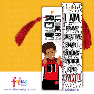 Personalised bookmark for boys with affirmations, featuring a brown and black children's characters