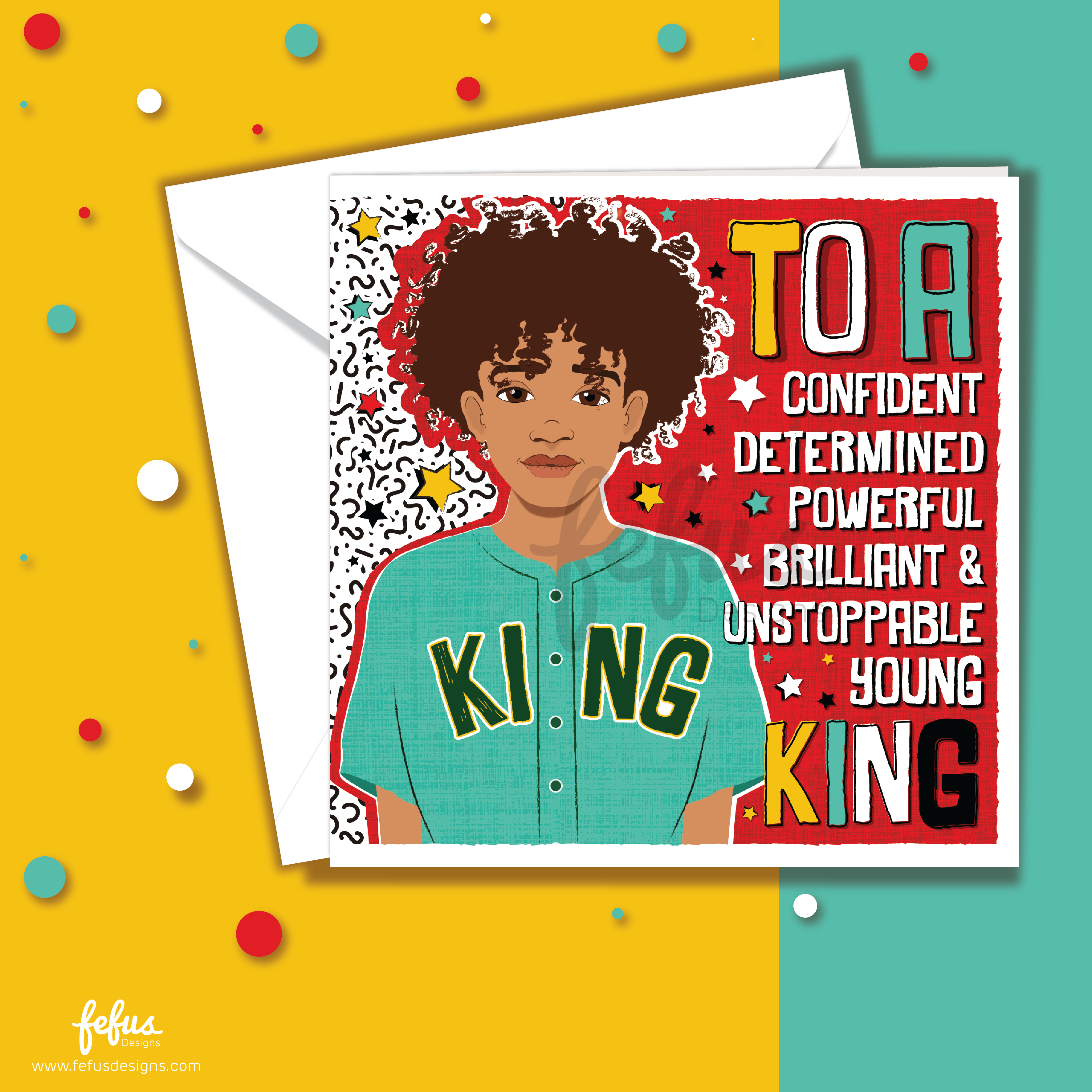 Card with a young boy's illustration and motivational text on a colourful background. Close-up illustration of curly hair and KING slogan baseball shirt β empowering boys greeting card