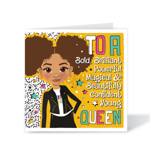 Greeting card with illustration of a young woman and motivational text on a yellow background. Mixed race girl with Afro puffs in leather biker jacket – Bold Queen affirmation birthday card by Fefus Designs
