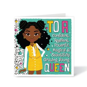 Greeting card with a young girl in a yellow dress and text、Black girl with space buns in yellow varsity outfit – Radiant Queen affirmation birthday card by Fefus Designs