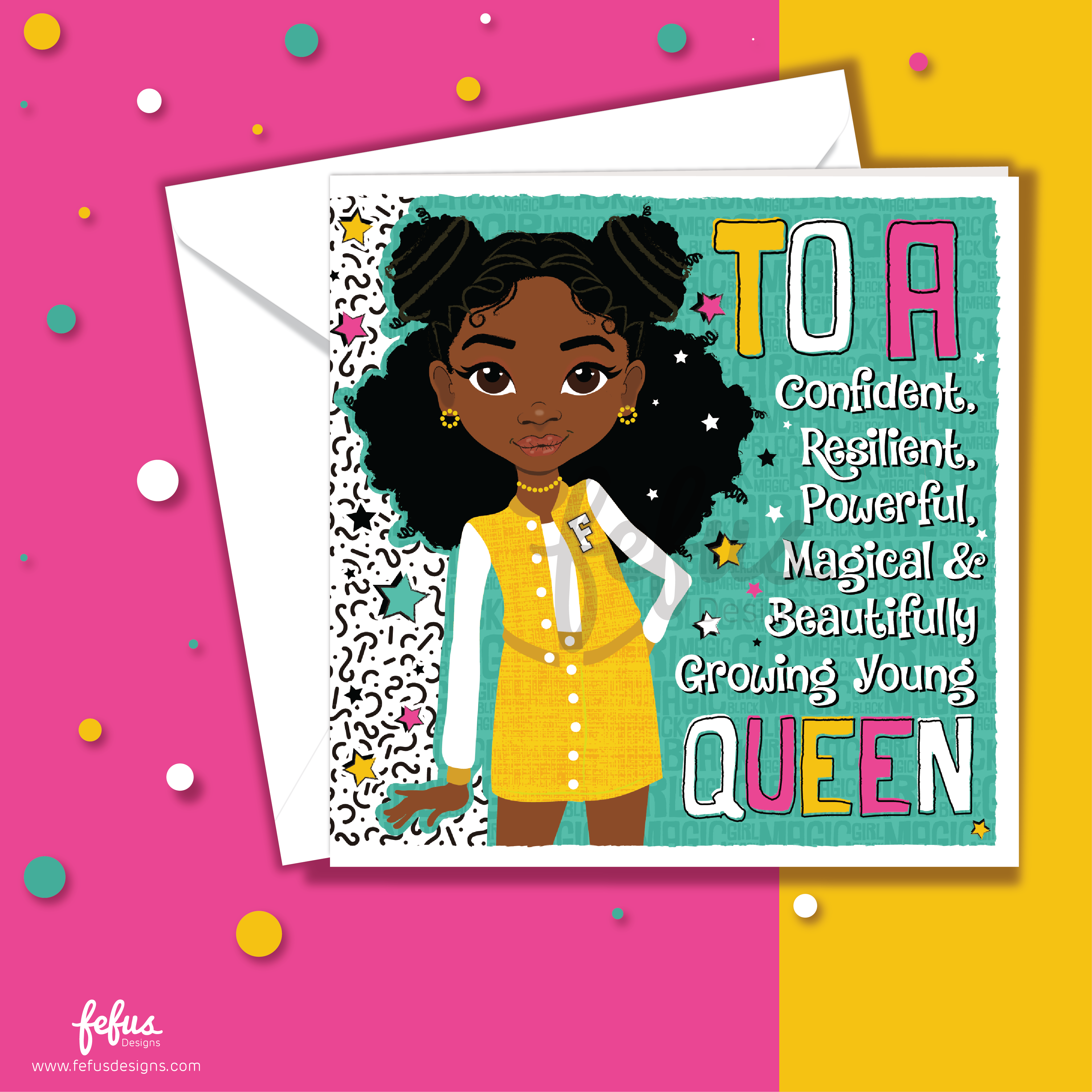 Greeting card with an illustration of a young girl in a yellow two piece on a colourful background. Close-up of yellow varsity set and Afro-textured space buns illustration – empowering girls greetings card